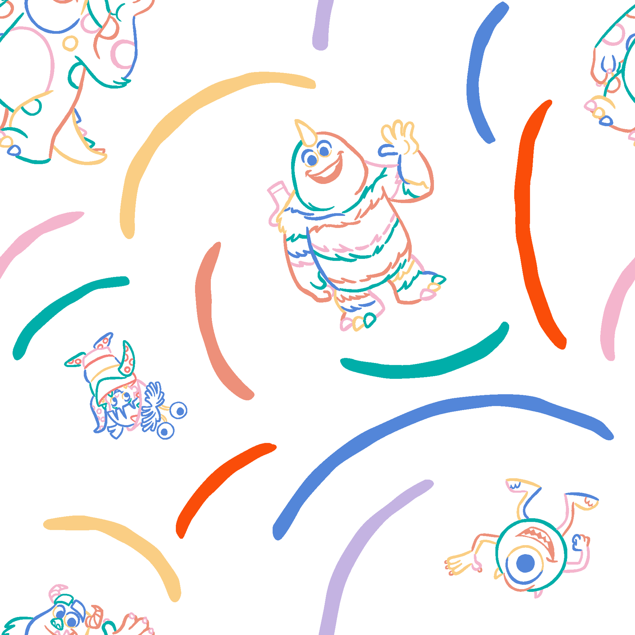 Colorful line drawing pattern with Monsters Inc characters  surrounded by curved arcs in rainbow colors tiled preview square