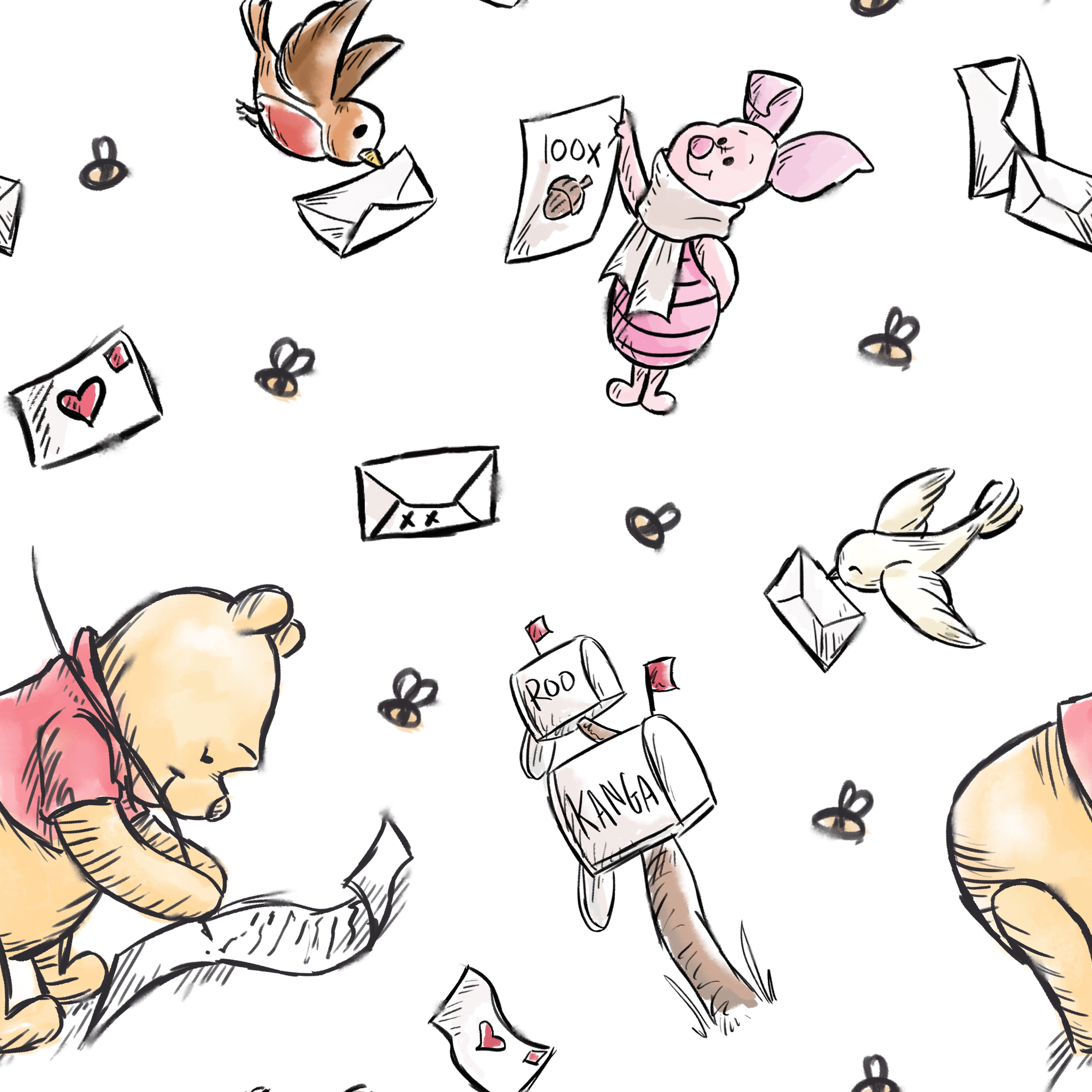 Winnie the Pooh characters with flying letters and envelopes on white background, whimsical illustration style tiled preview square