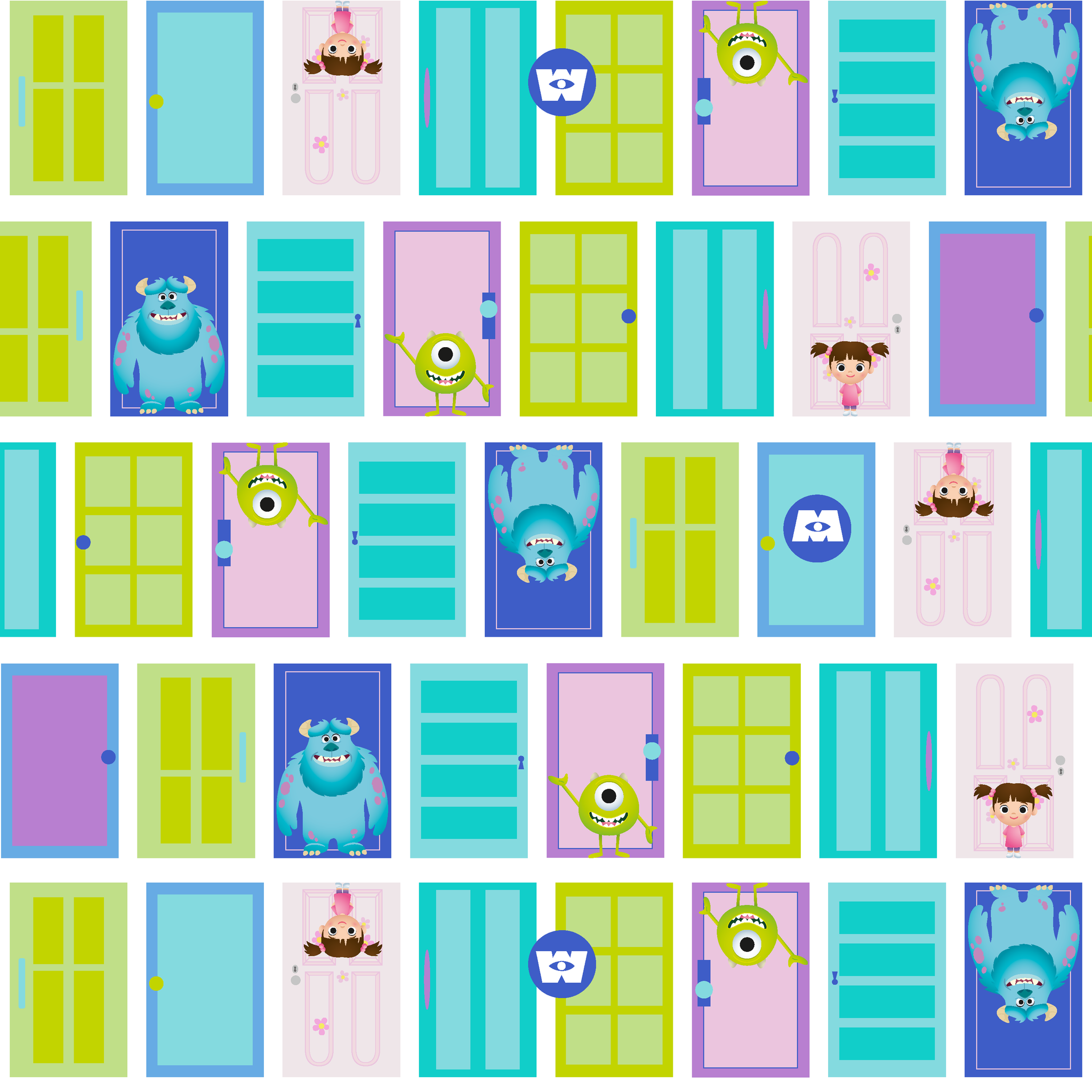 Colorful cartoon monster doors pattern inspired by Monsters Inc. with teal, purple, and green doors tiled preview square