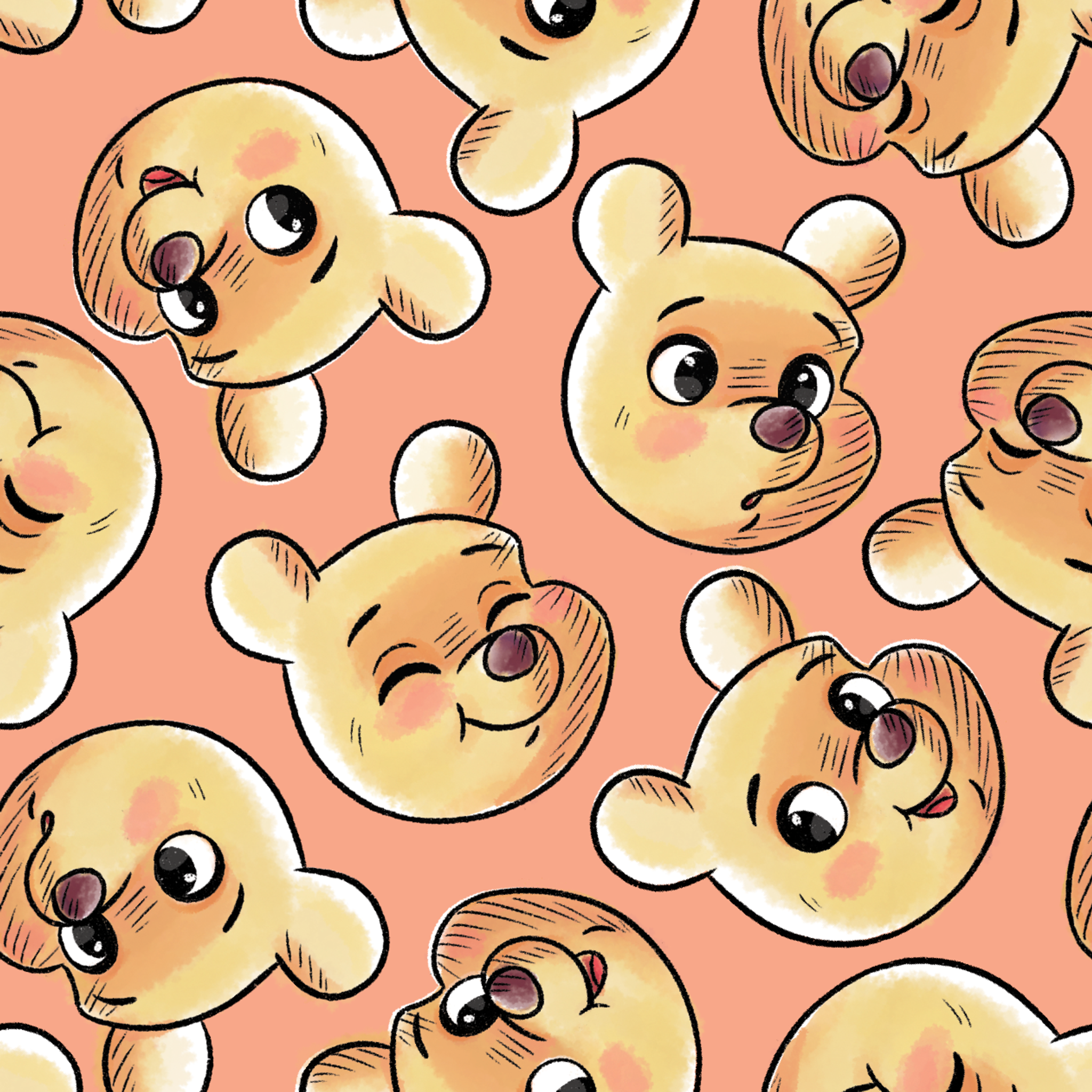 Cartoon teddy bear faces with cute expressions on peach background in repeating pattern tiled preview square
