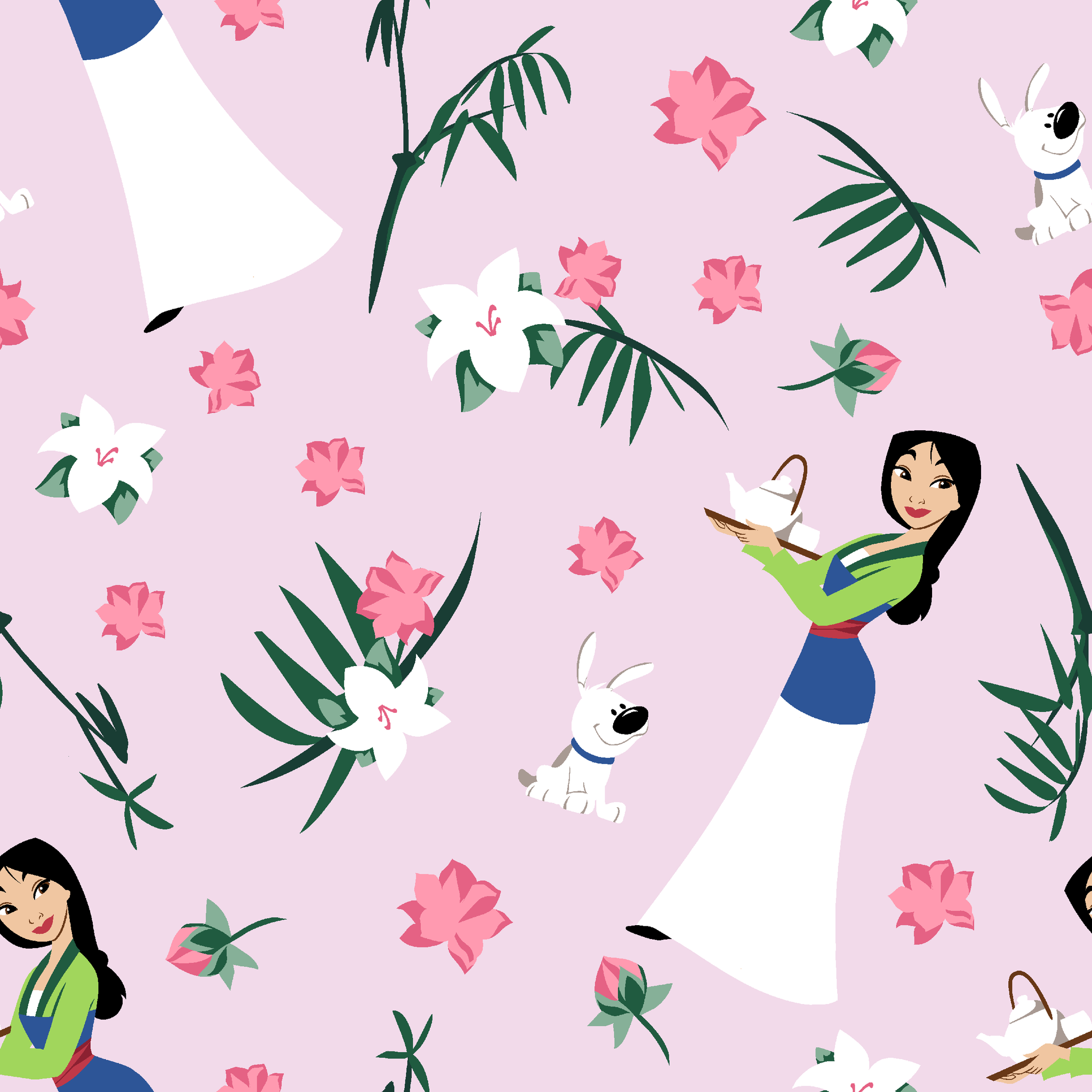 Illustrated pattern on light purple background with cartoon figures in white dresses, pink flowers, green palm leaves, and white rabbits. tiled preview square