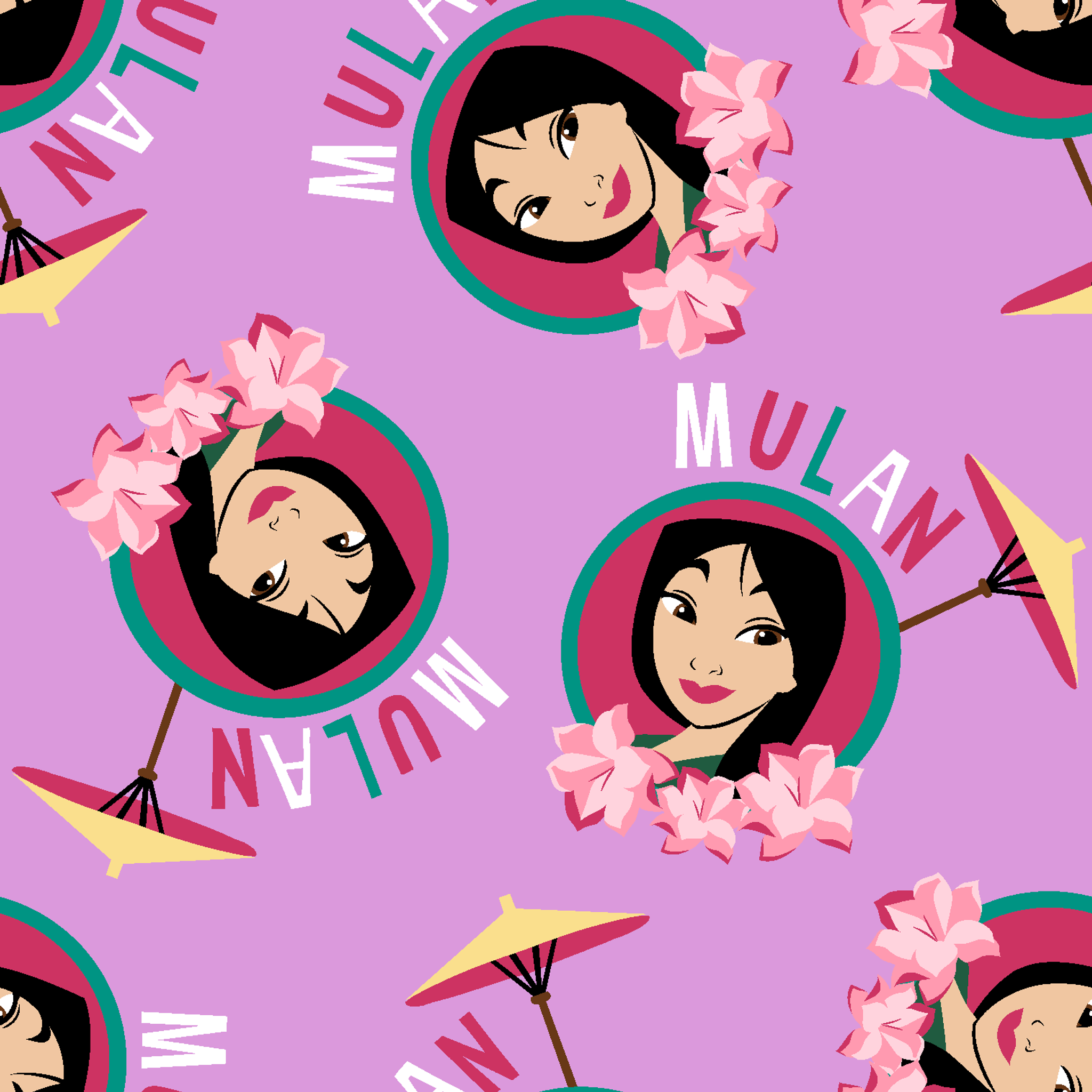 Animated character portrait pattern on purple background with pink flowers and yellow parasols tiled preview square