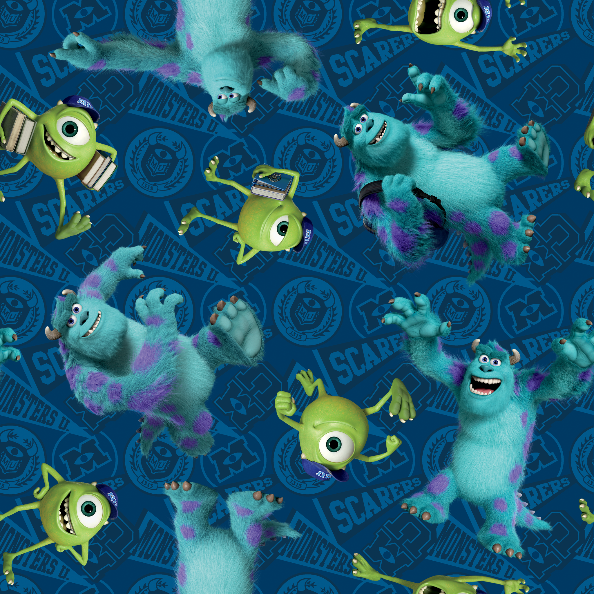 Monsters Inc characters pattern with Mike Wazowski and Sully on blue background tiled preview square