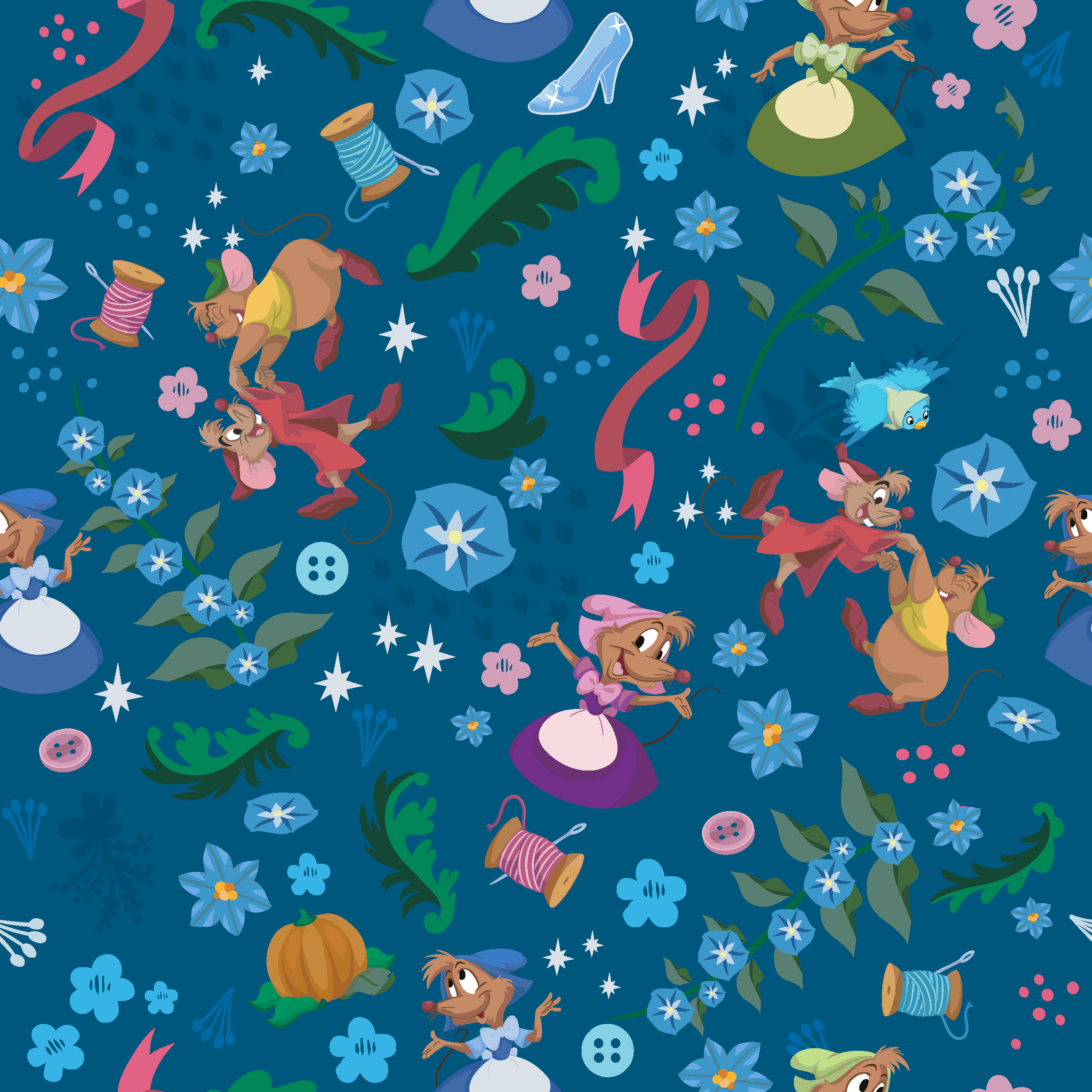 Colorful fairy tale pattern with mice, glass slippers, pumpkins, and floral elements on deep blue background tiled preview square