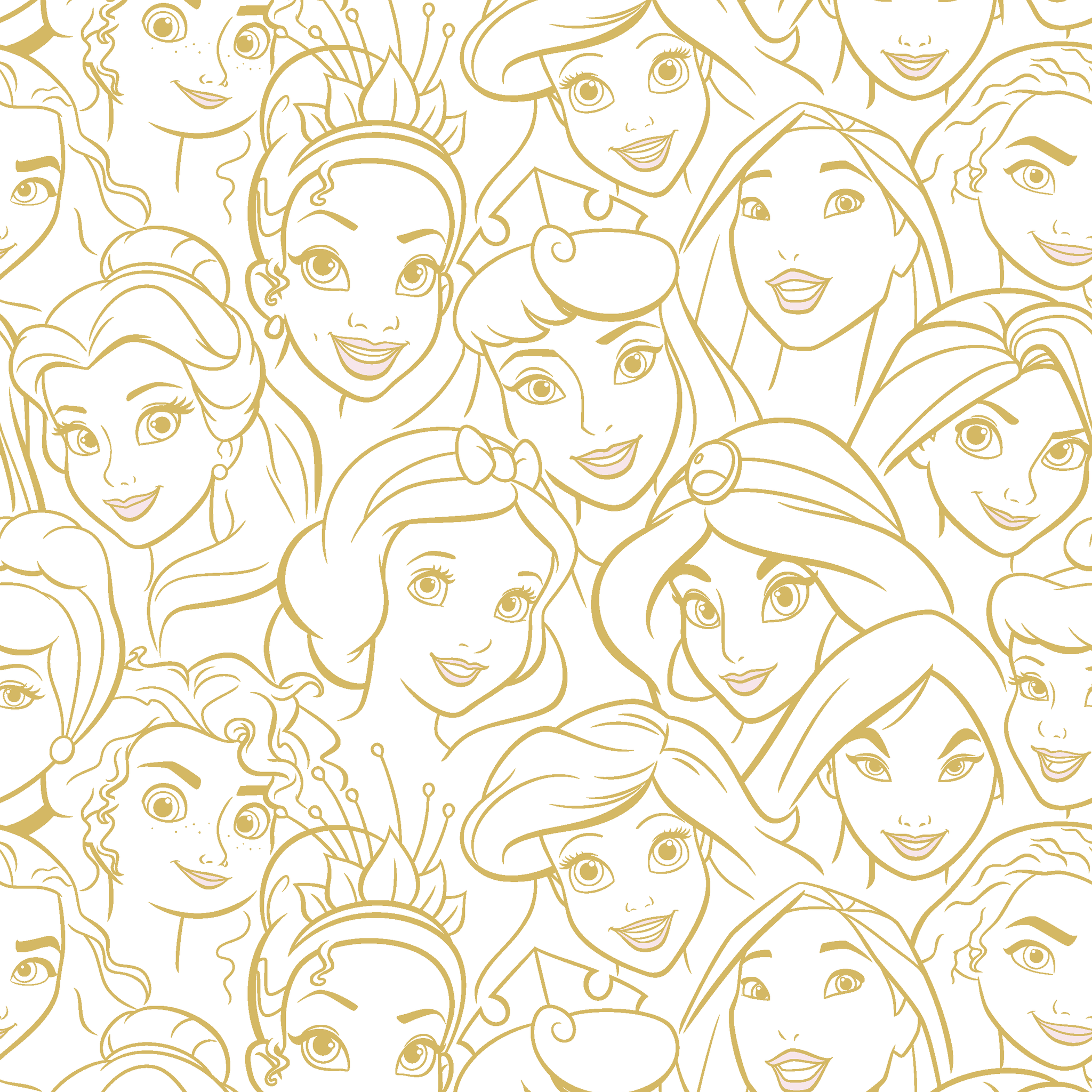 Golden line art of Disney princesses in an overlapping collage pattern with expressive facial features. tiled preview square