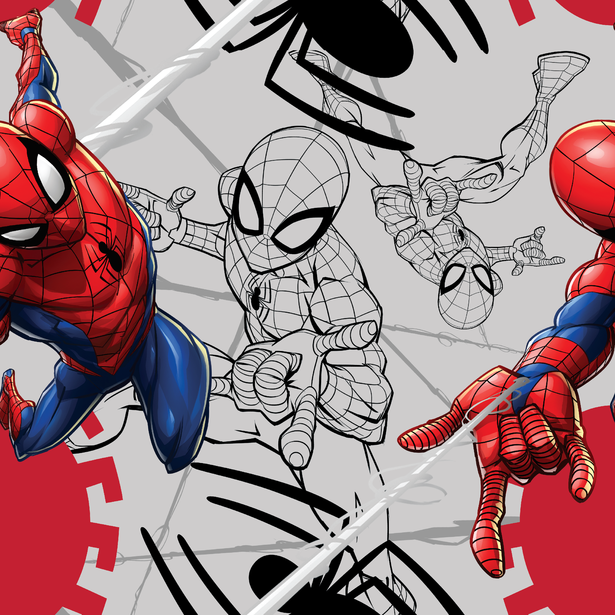 Spider-Man in various poses, including colored and line art illustrations on a red and gray background tiled preview square