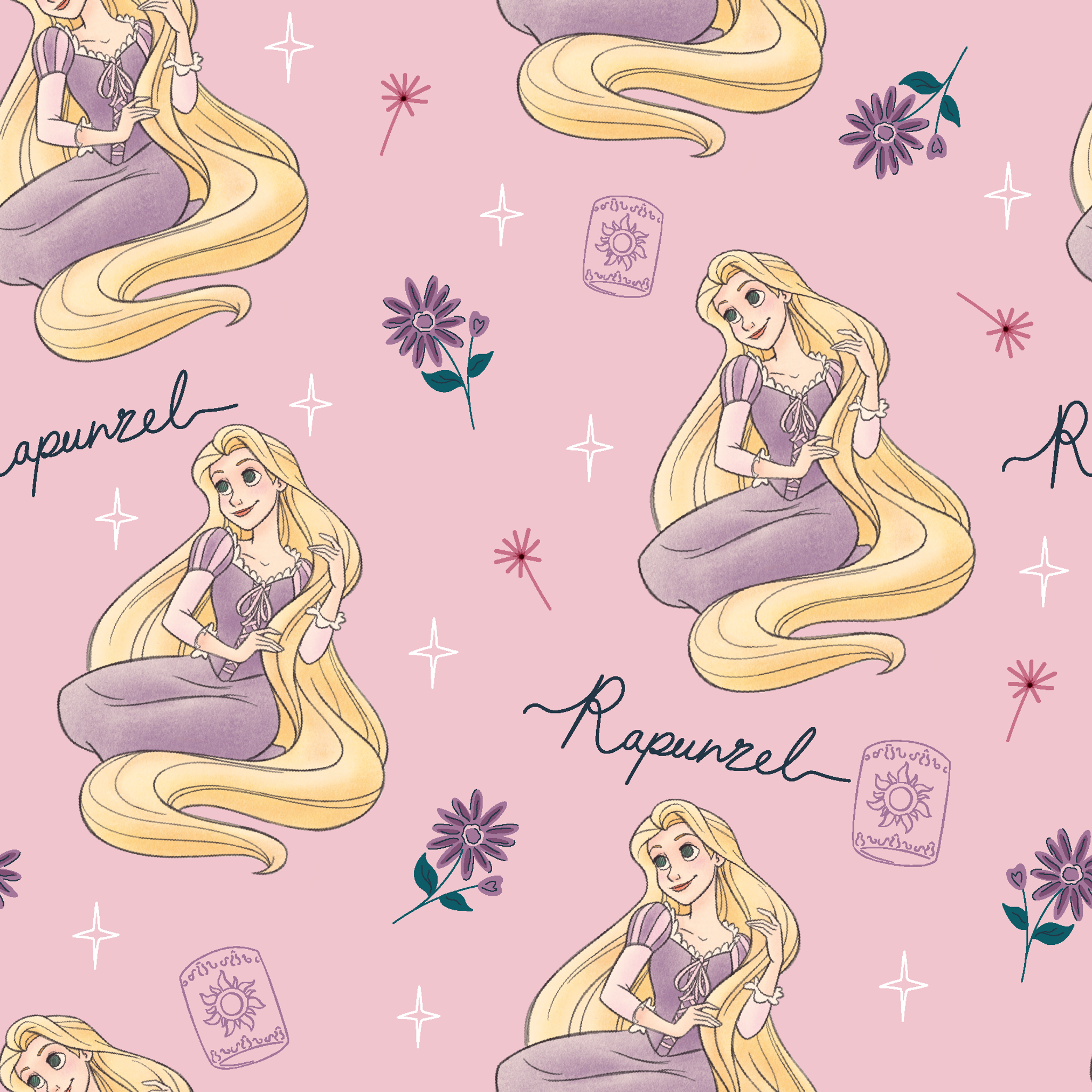 Repeating pattern of blonde character in purple dress with long flowing hair, flowers, and "Rapunzel" text on pink background tiled preview square
