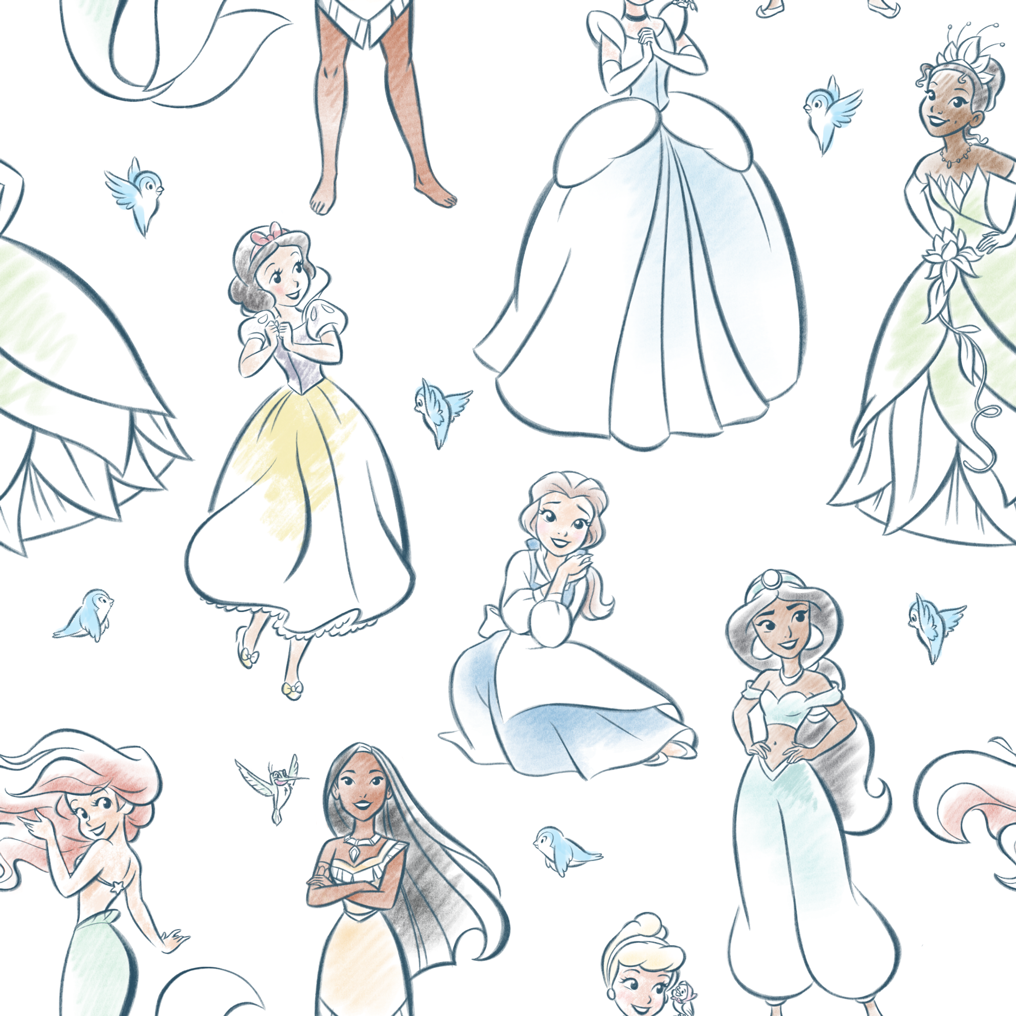 Illustrated pattern of Disney princesses in elegant dresses with sparkles on light background tiled preview square