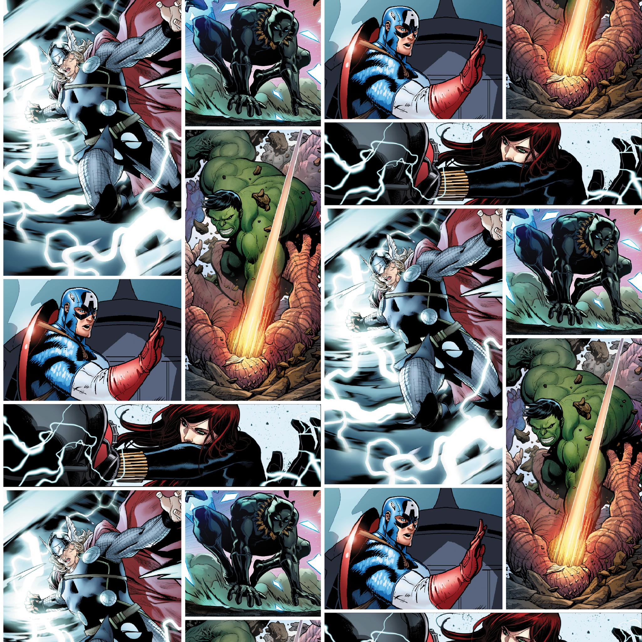 Comic book collage featuring Thor with lightning, Captain America with shield, Hulk, and various Marvel superheroes in action scenes tiled preview square
