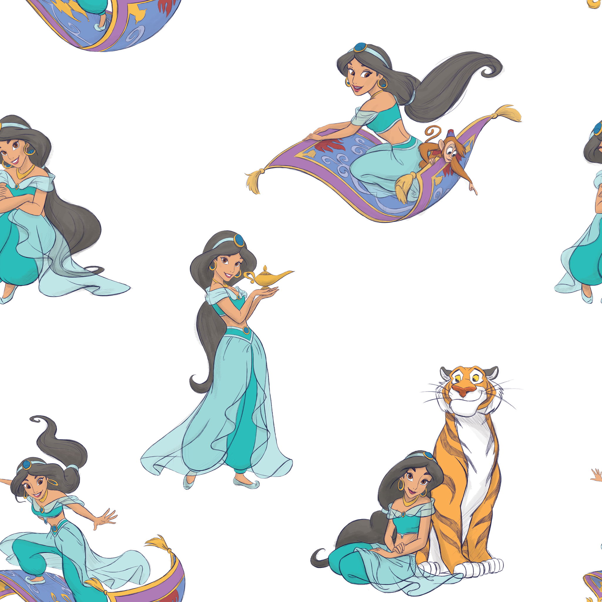 Cartoon pattern featuring a princess in teal outfit with long black hair in various poses with a magic carpet and tiger tiled preview square