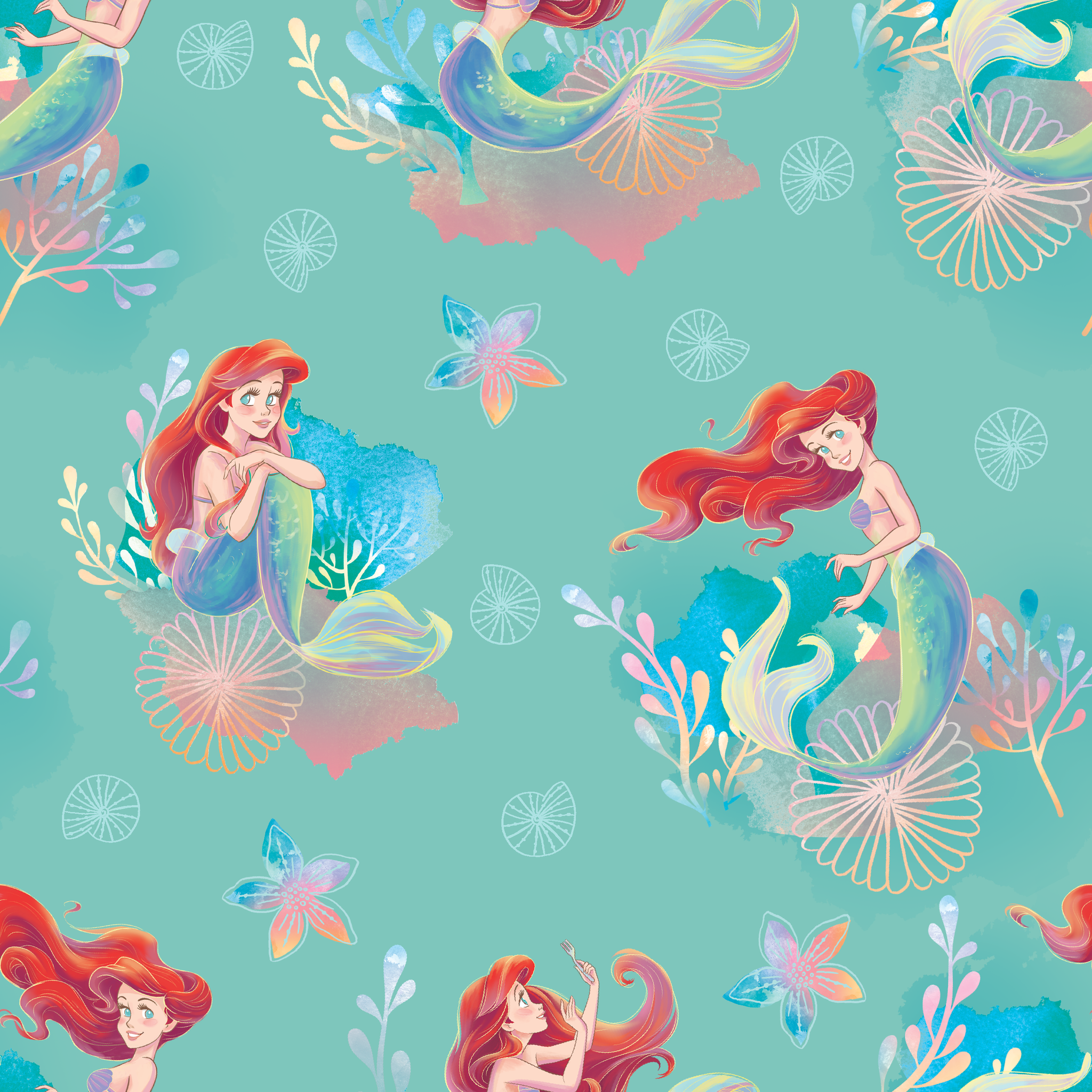 Whimsical teal pattern featuring mermaids with red hair, seashells, starfish, and coral in pastel colors tiled preview square