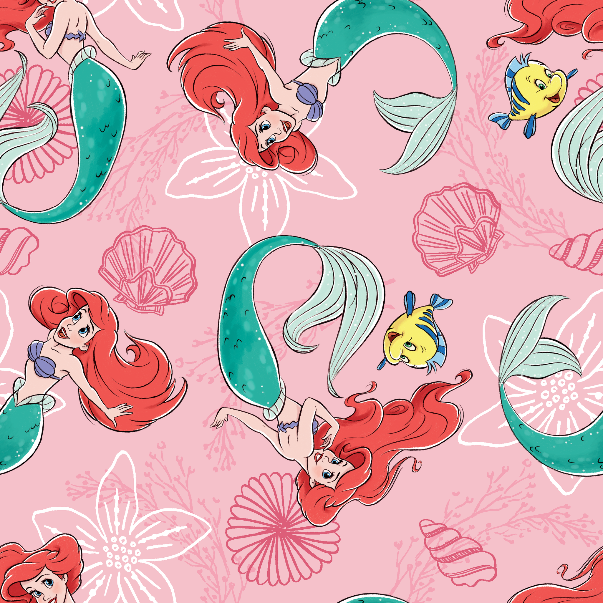Illustrated pattern of mermaids with red hair and green tails swimming with yellow fish on pink seashell background tiled preview square