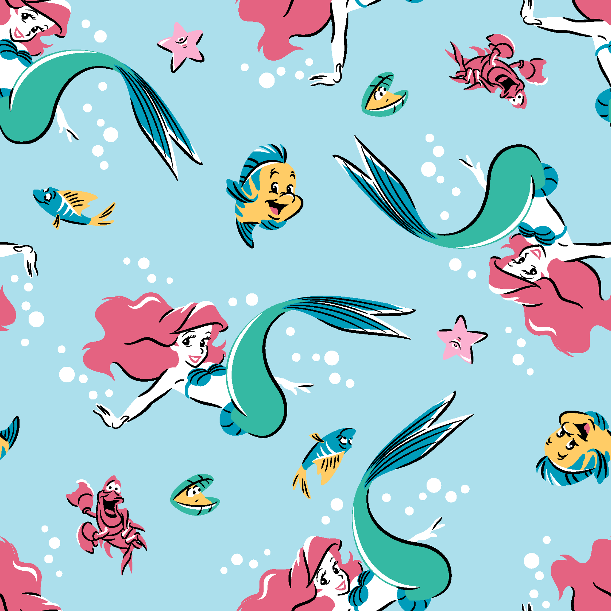 Underwater pattern with colorful mermaids, tropical fish, crabs, and starfish on light blue background tiled preview square
