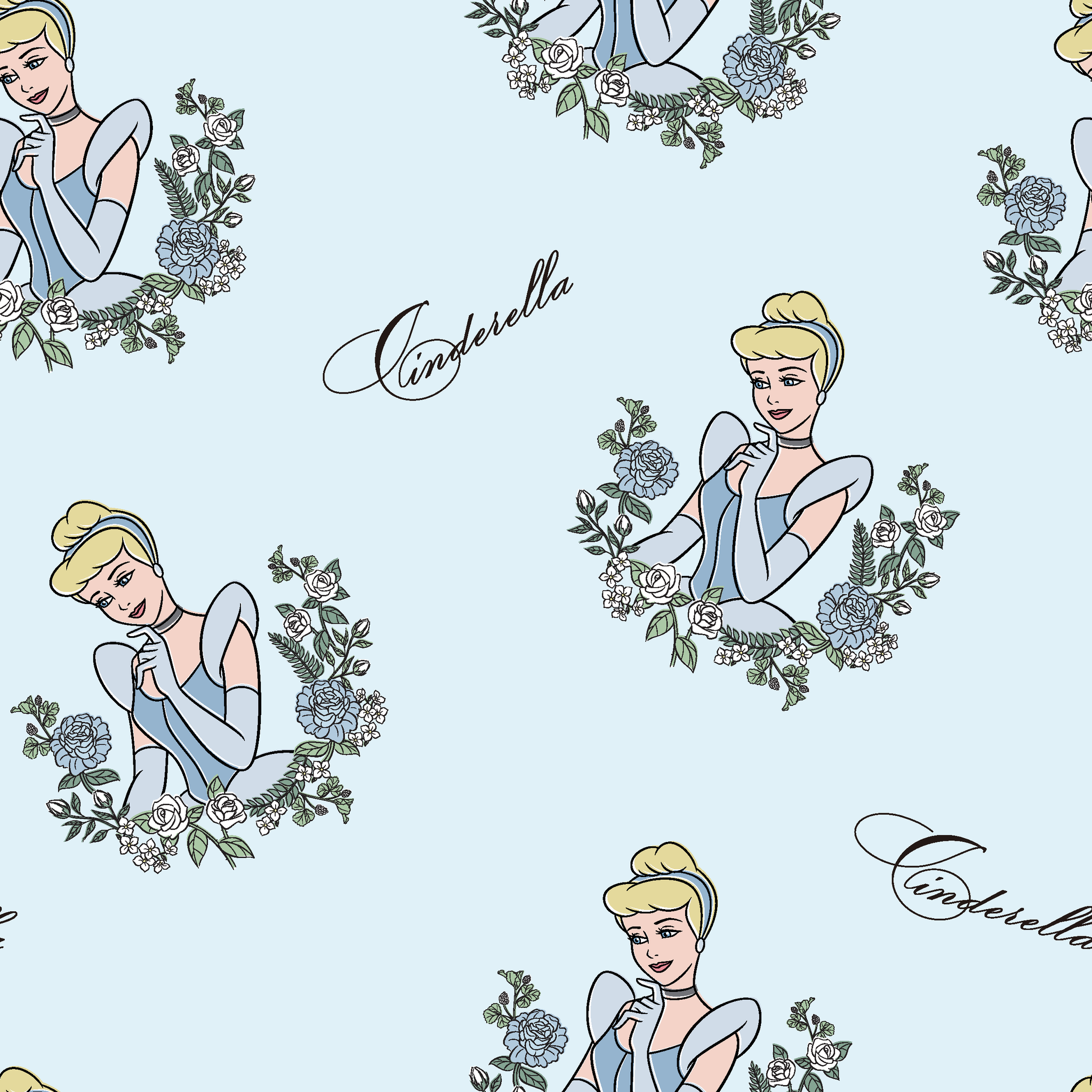 The image shows a pattern featuring a cartoon princess character in a blue dress surrounded by decorative green wreaths on a light blue background. The word "Cinderella" appears in cursive script throughout the design. tiled preview square
