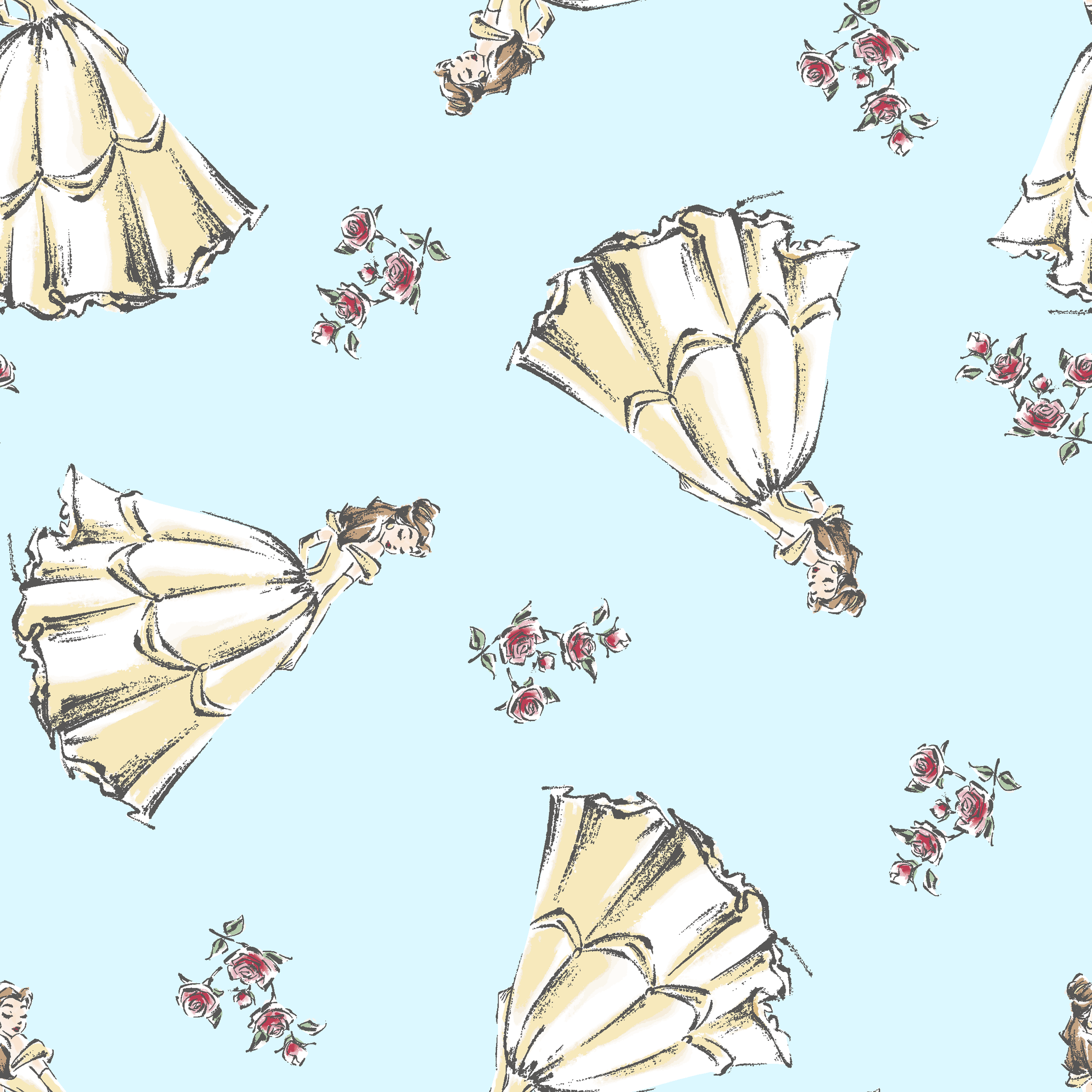 Light yellow pleated bell-shaped objects with small pink floral accents scattered on pale blue background tiled preview square