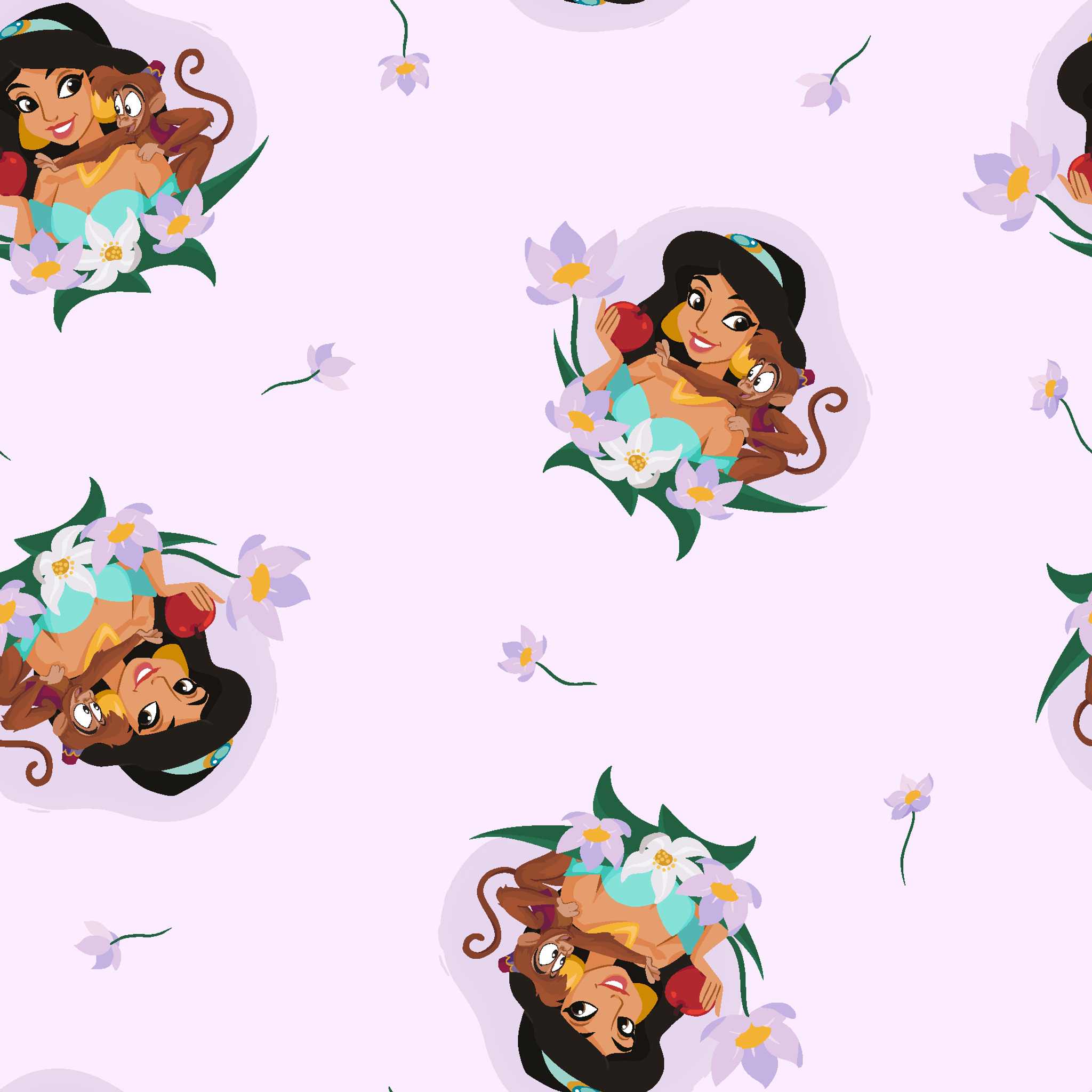 Cartoon pattern of Princess Jasmine with tiger cub surrounded by flowers on light pink background tiled preview square