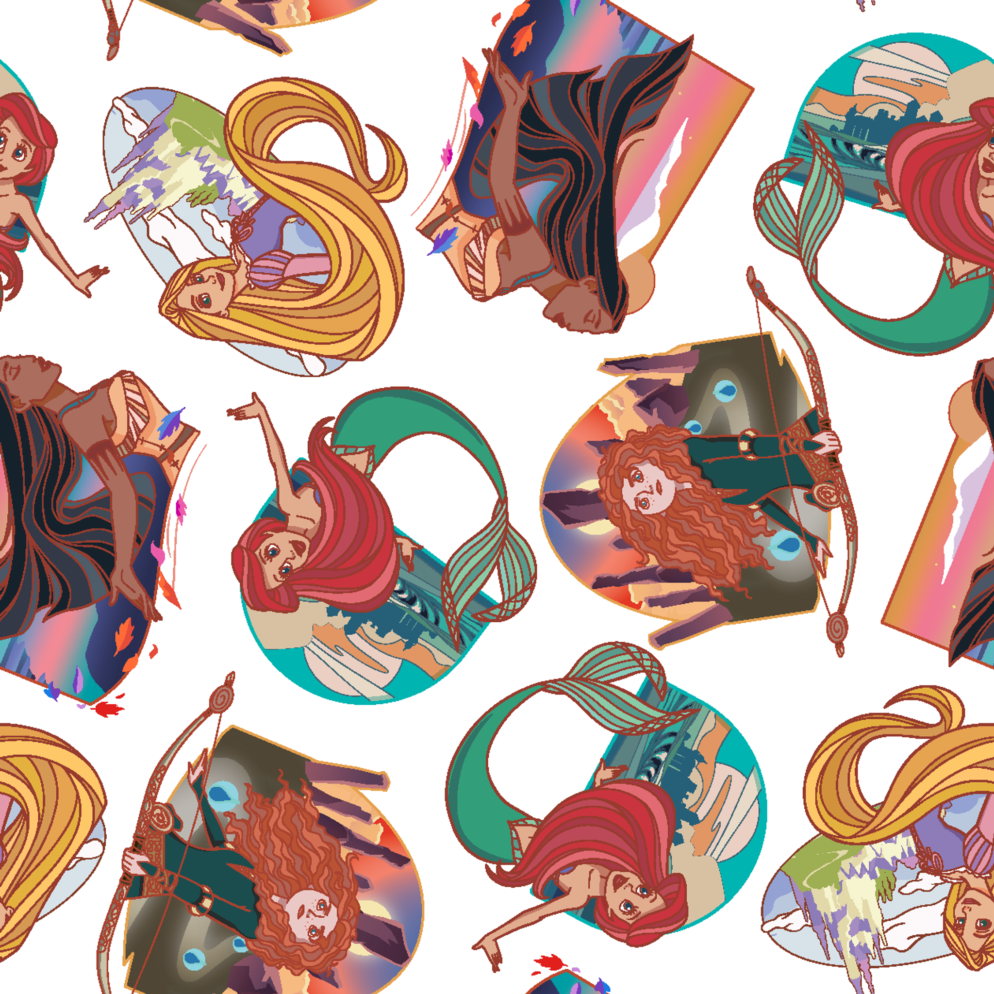 Colorful illustrated pattern of Disney princesses with curved decorative elements on white background tiled preview square