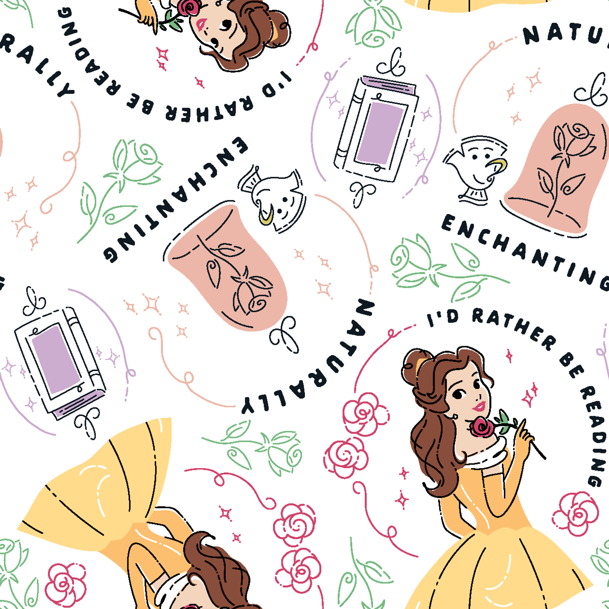 Pattern of cartoon princess in yellow dress with roses, perfume bottles, and phrases like "Enchanting" and "I'd rather be dreaming tiled preview square