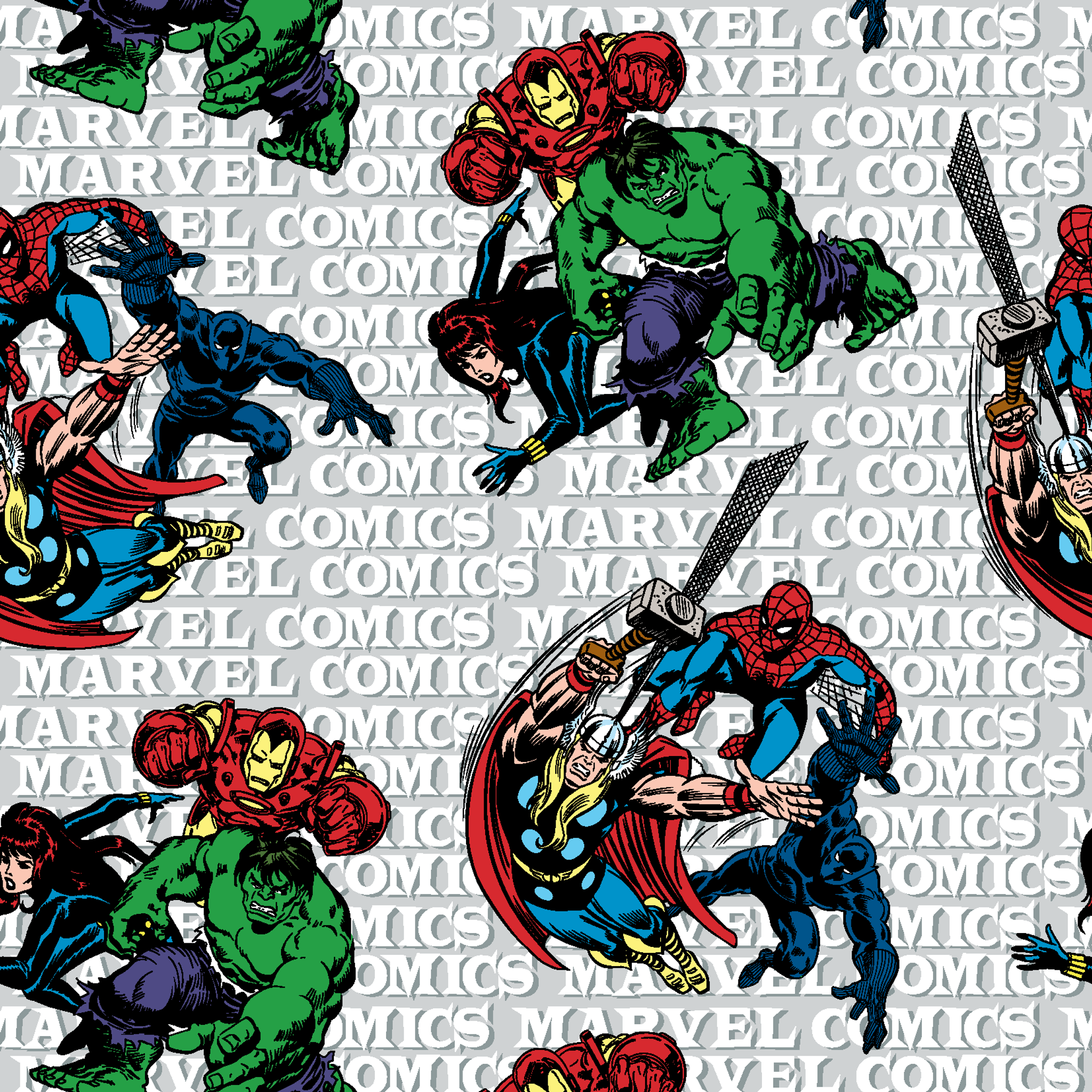 Marvel Comics superheroes pattern with Hulk, Iron Man, Captain America, and Spider-Man on a repeating text background. tiled preview square