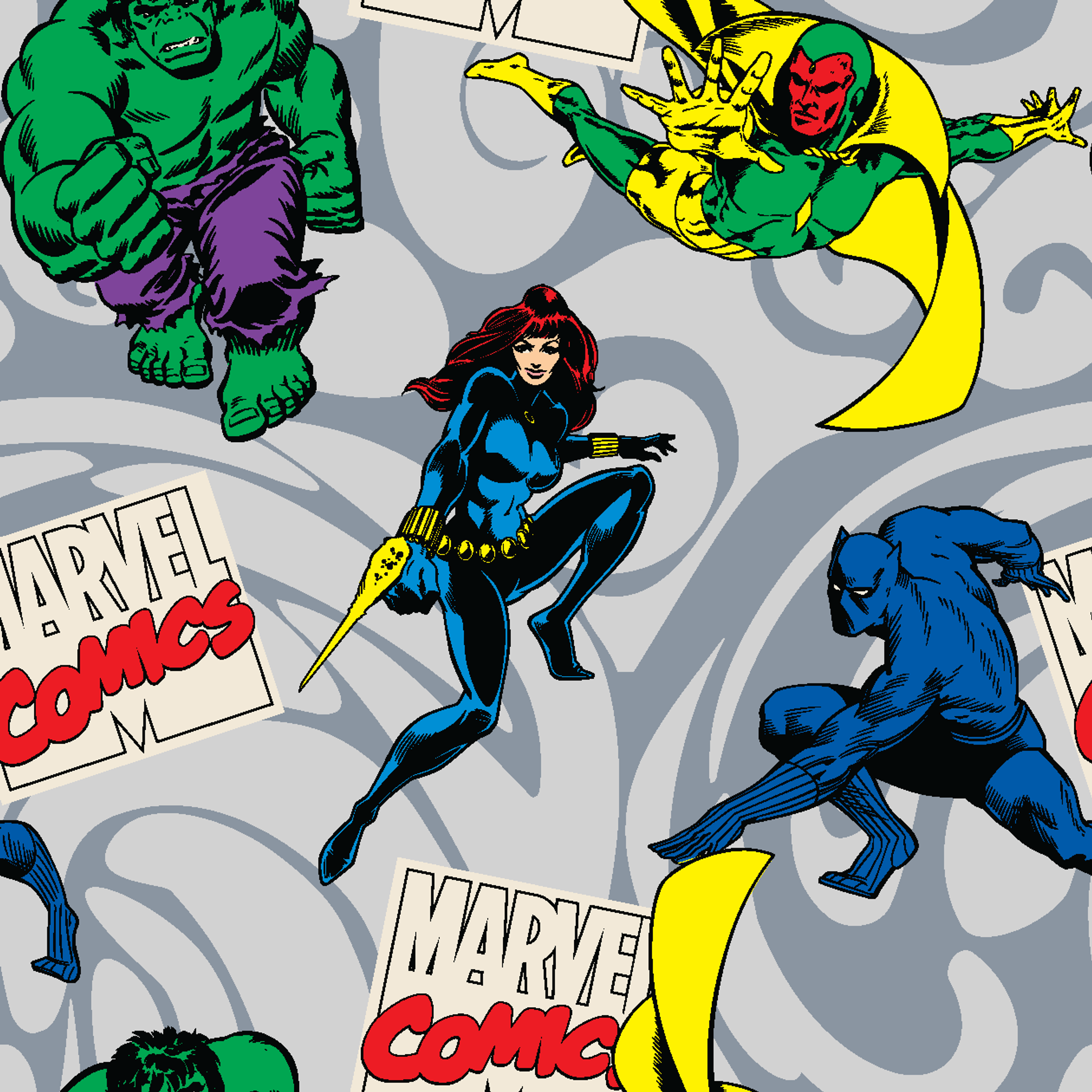 Marvel Comics characters including Hulk, Vision, and other superheroes on a gray background with Marvel Comics logos tiled preview square