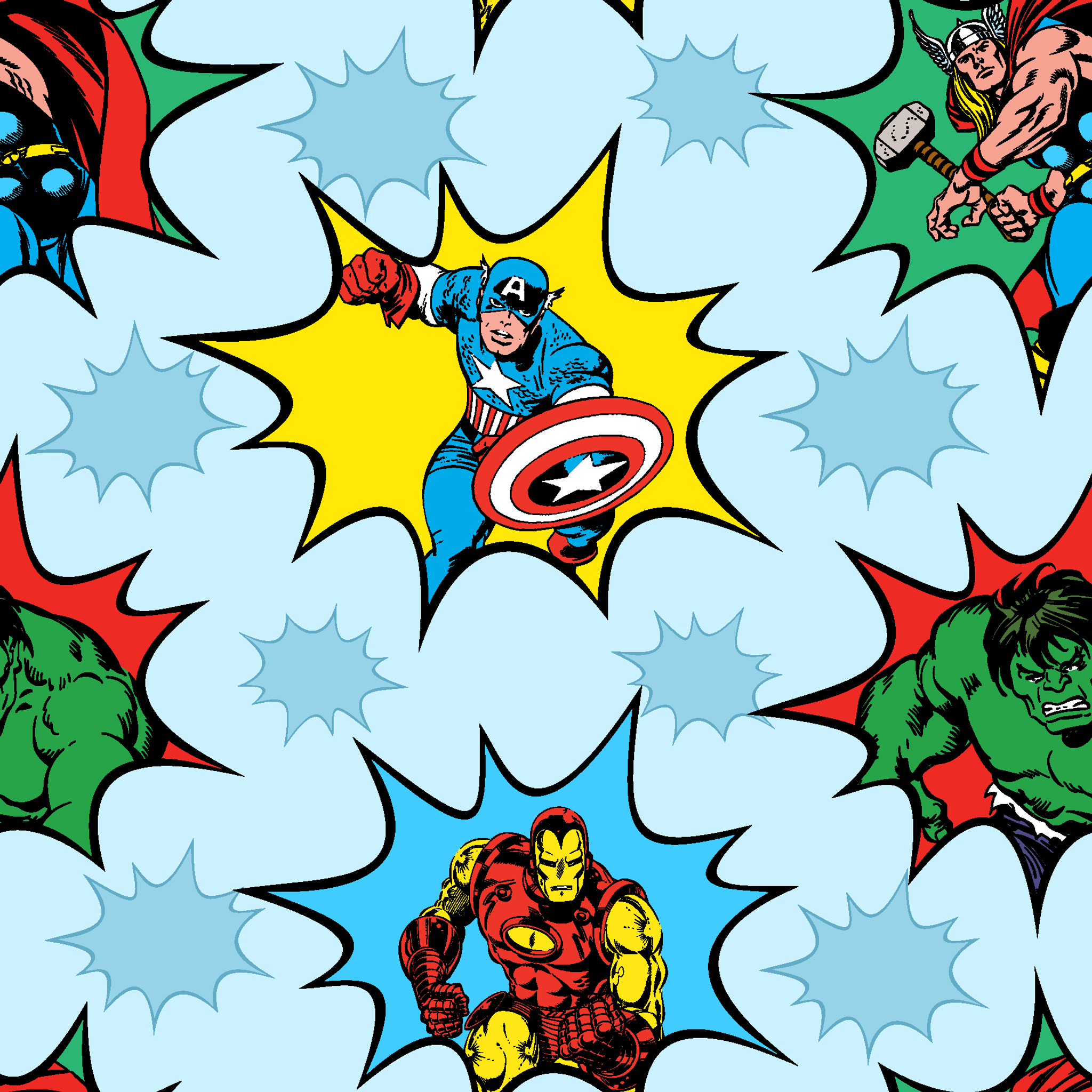 Marvel superhero pattern with Captain America, Iron Man, and Hulk in colorful burst designs on a blue background. tiled preview square