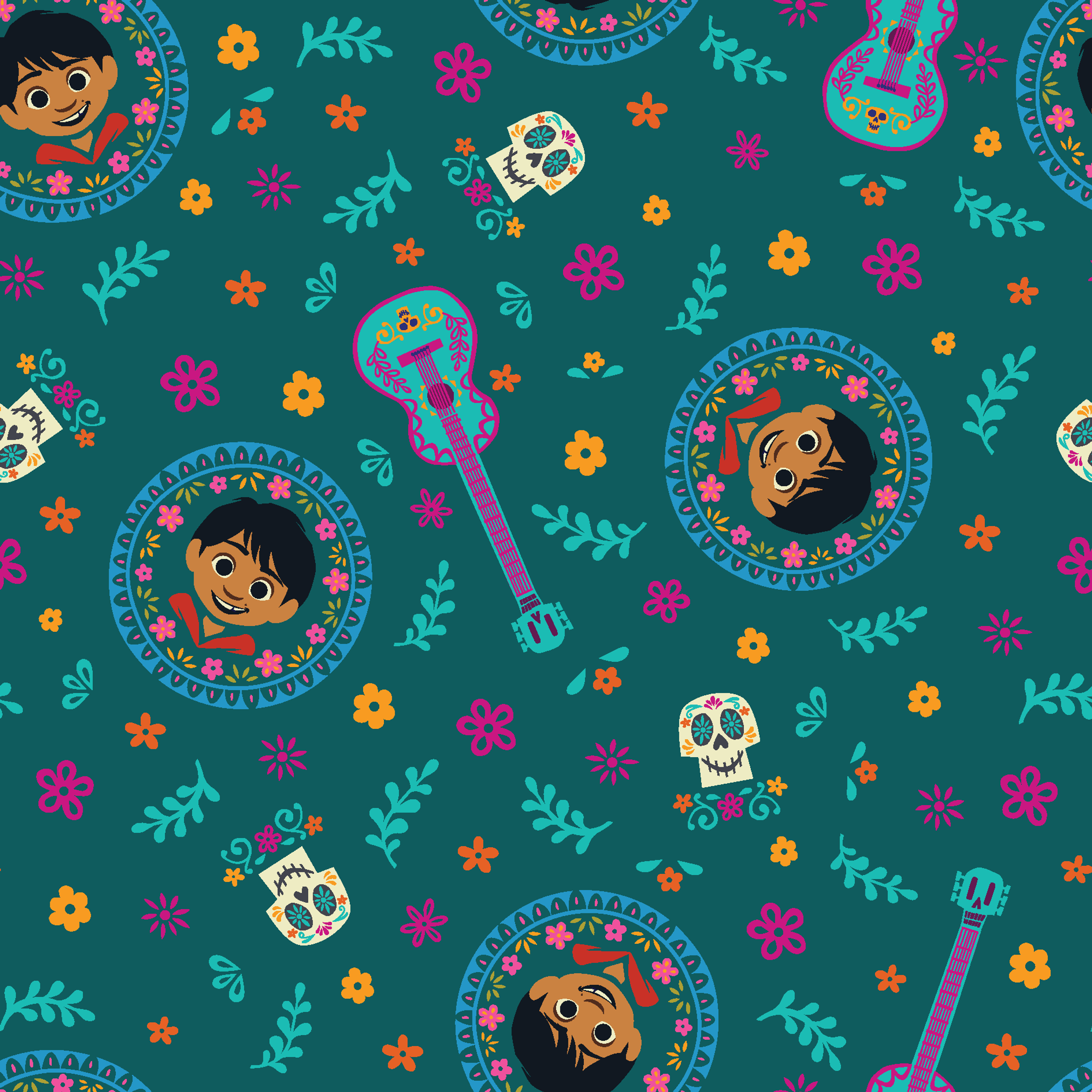 Colorful Coco-inspired pattern with guitars, sugar skulls, circular portraits, and floral elements on teal background. tiled preview square