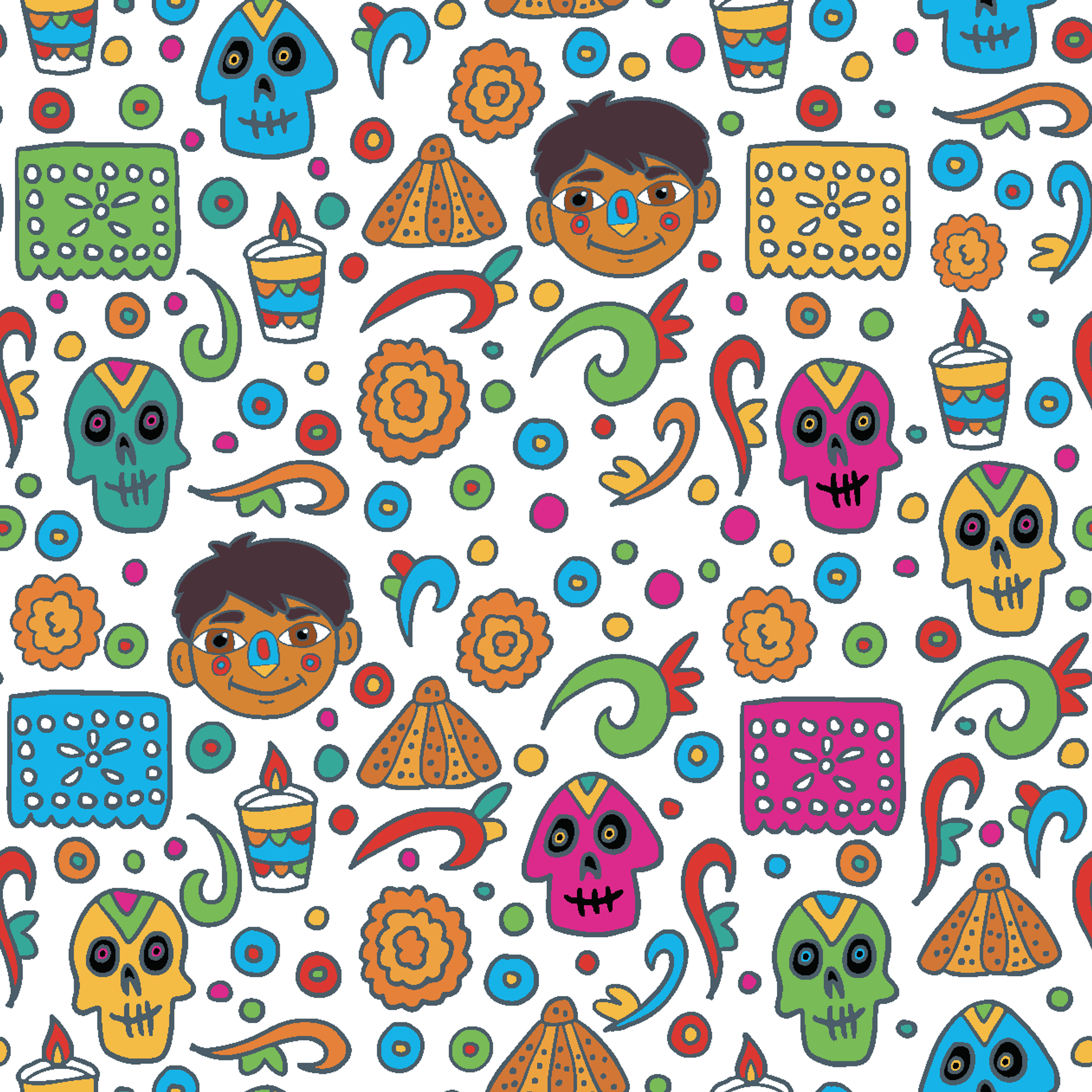 Colorful Coco pattern with sugar skulls, pyramids, swirls, flowers, and cartoon characters on white background tiled preview square