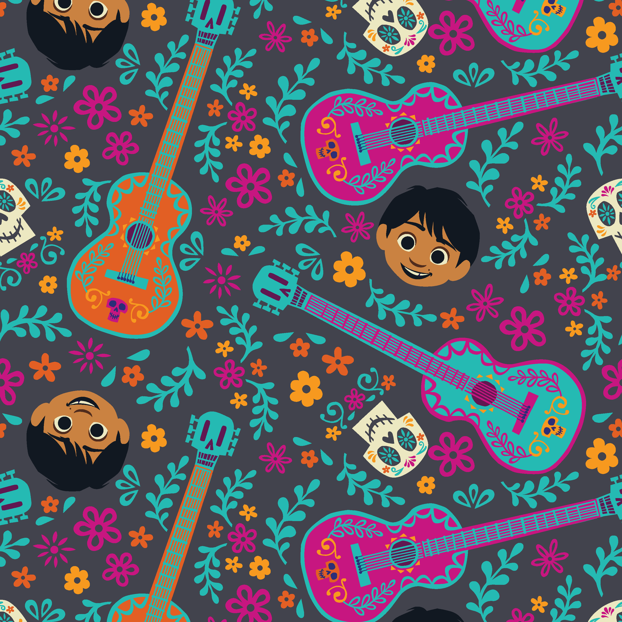 Colorful Coco pattern with decorative guitars, sugar skulls, cartoon characters, and floral elements on teal background. tiled preview square