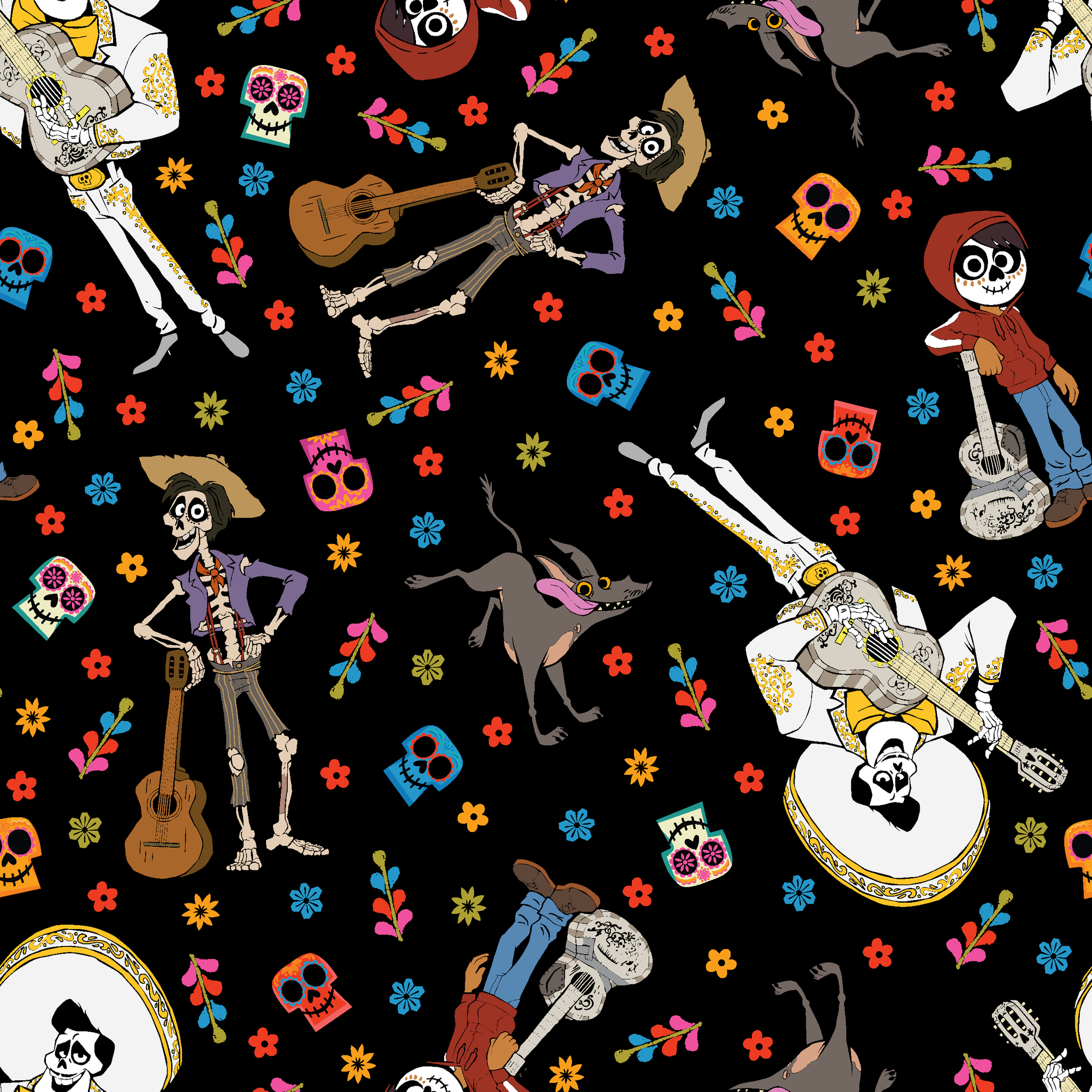 Colorful Coco Day of the Dead pattern with skeleton figures playing instruments, skulls, and flowers on black background tiled preview square