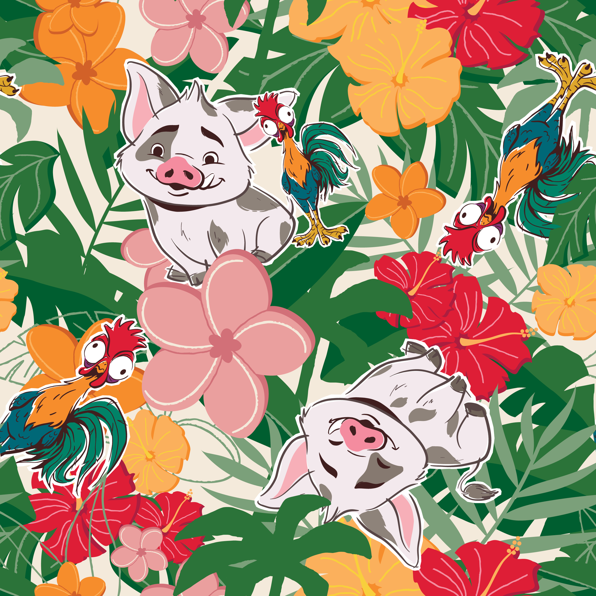 Cartoon pigs peeking through vibrant tropical flowers in red, orange, yellow, and pink among green foliage tiled preview square