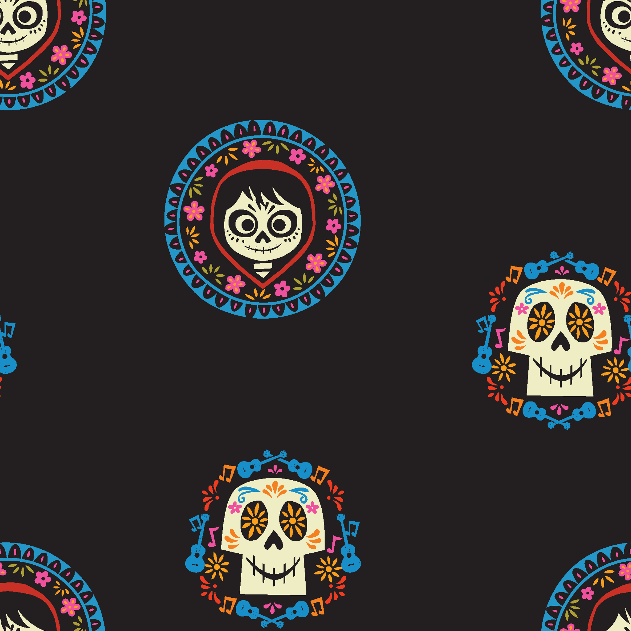 Colorful Coco sugar skull pattern with decorative circular borders on black background tiled preview square
