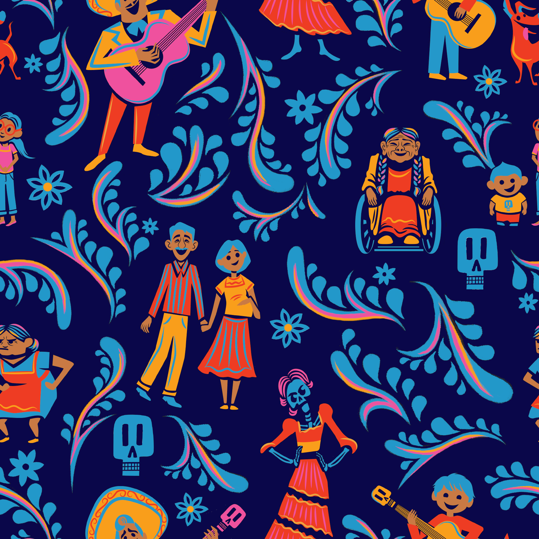 Colorful Coco folk art pattern with figures playing guitars, dancing, and blue skulls on dark background tiled preview square