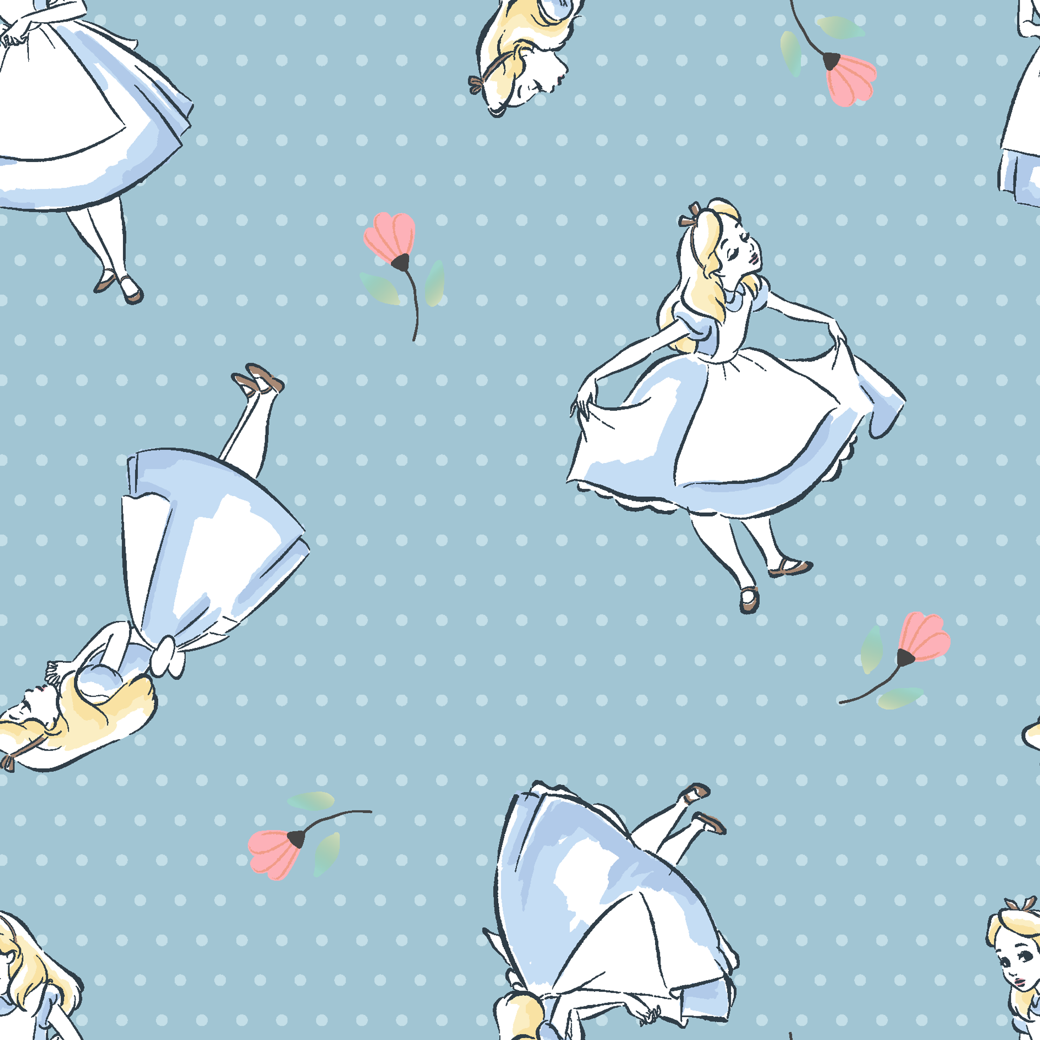 Blue polka dot pattern with illustrated characters in blue dresses and small pink flowers scattered throughout. tiled preview square