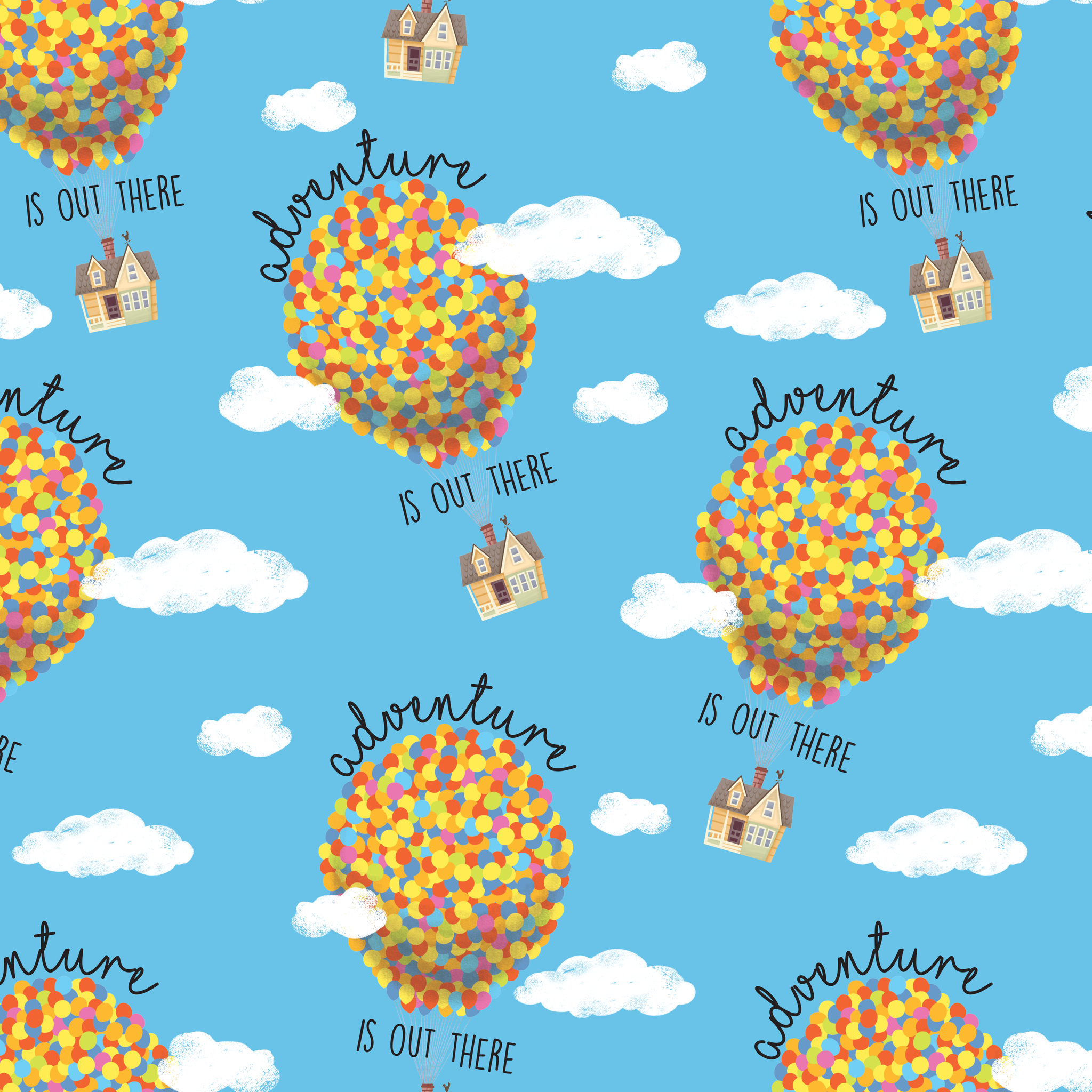 Colorful Up-inspired balloon houses floating in blue sky with text "Adventure is out there" repeating in pattern tiled preview square