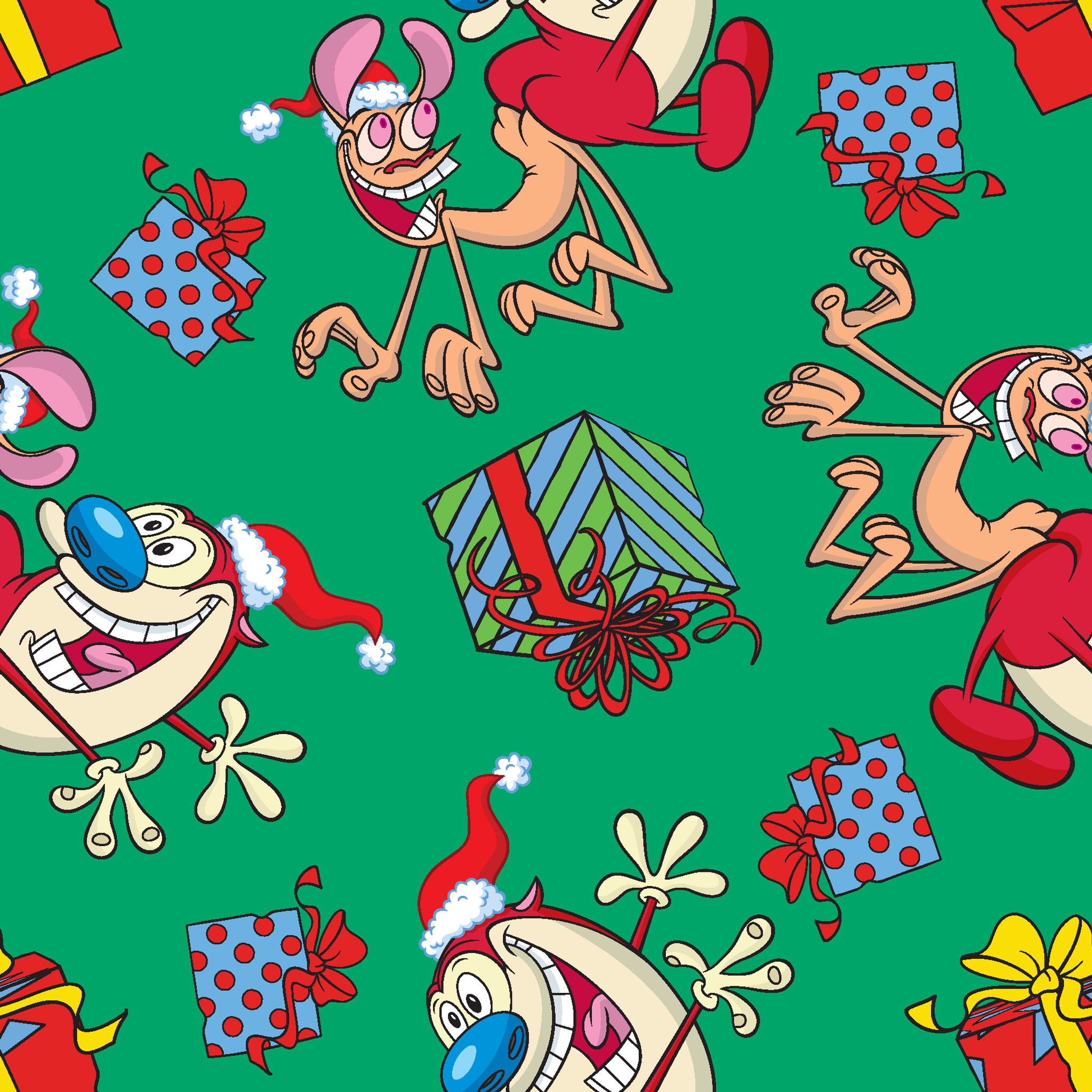 Whimsical cartoon Christmas pattern with elves, Santa figures, and colorful gifts on green background tiled preview square