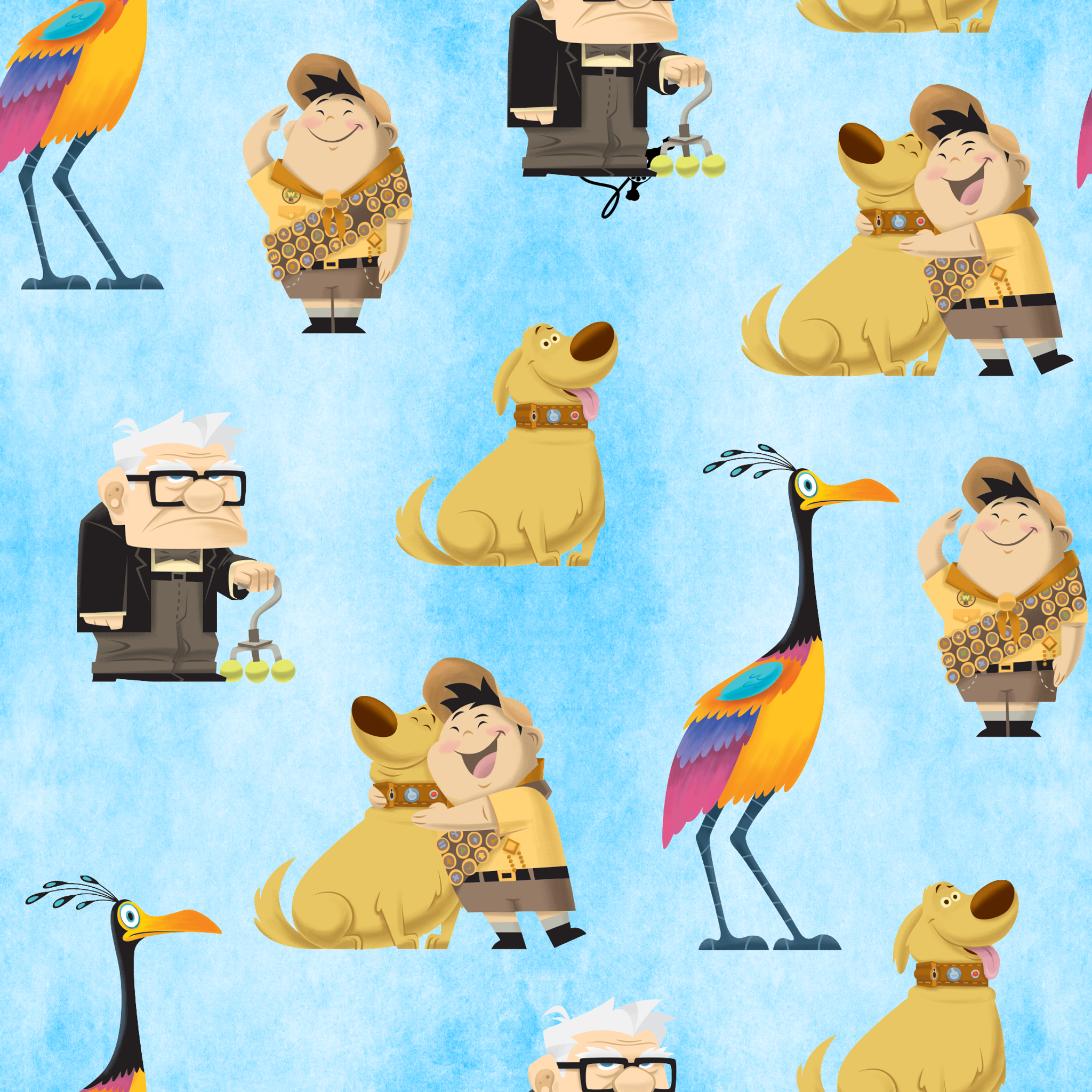 Colorful Up-inspired pattern with cartoon characters including elderly man, explorer, golden dog, and tropical bird on light blue background tiled preview square