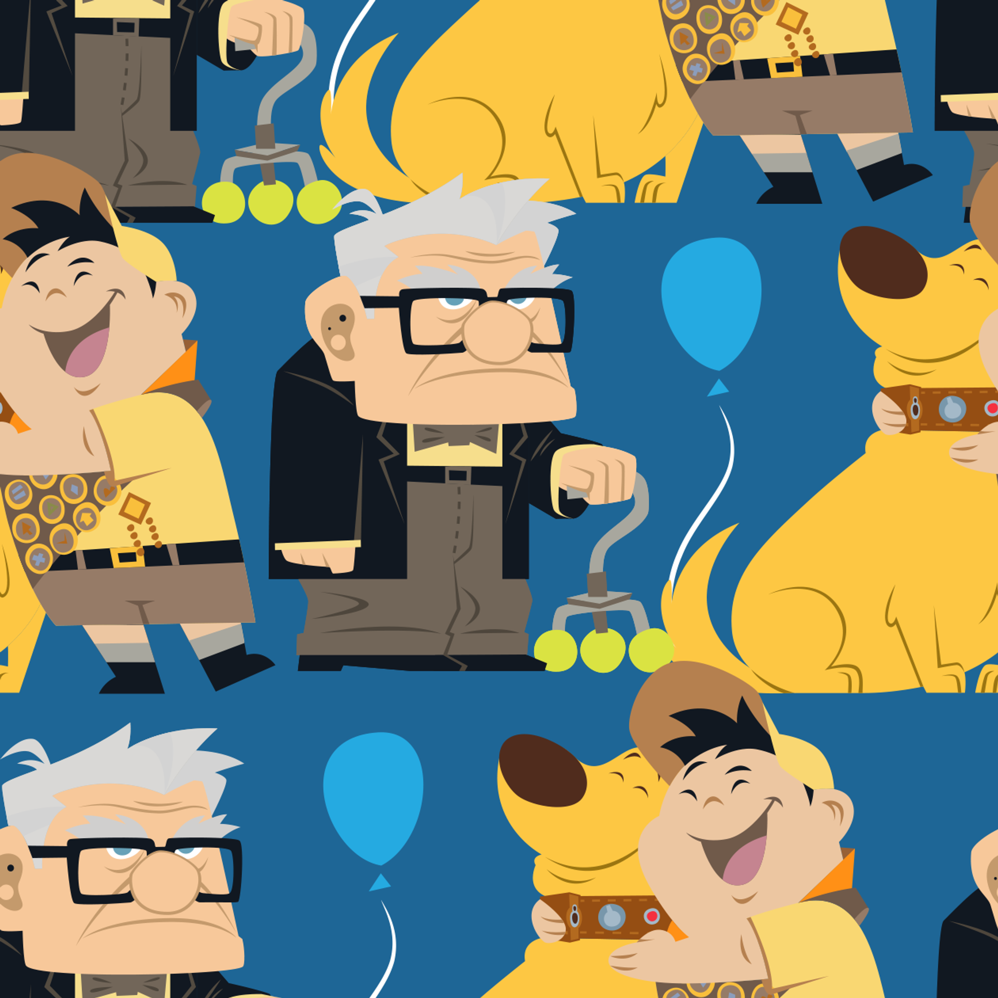 Cartoon pattern featuring characters from Pixar's "Up" with blue balloons, yellow dogs, and scouts tiled preview square