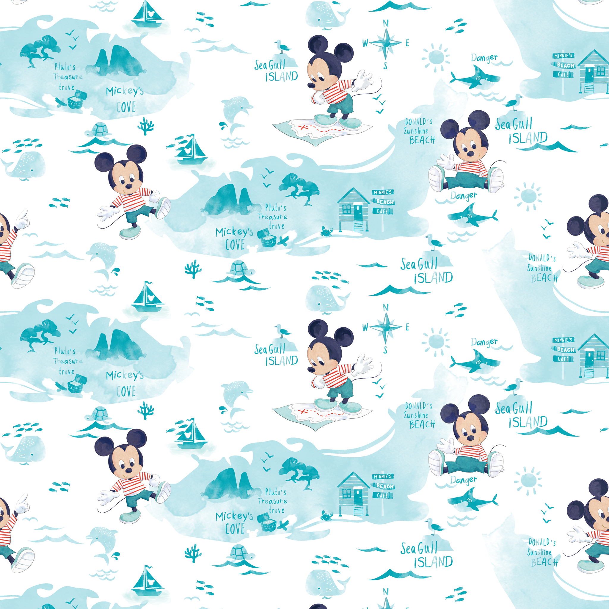 Cartoon Mickey Mouse pattern with turquoise ocean elements, sharks, waves, and "Safari" text tiled preview square