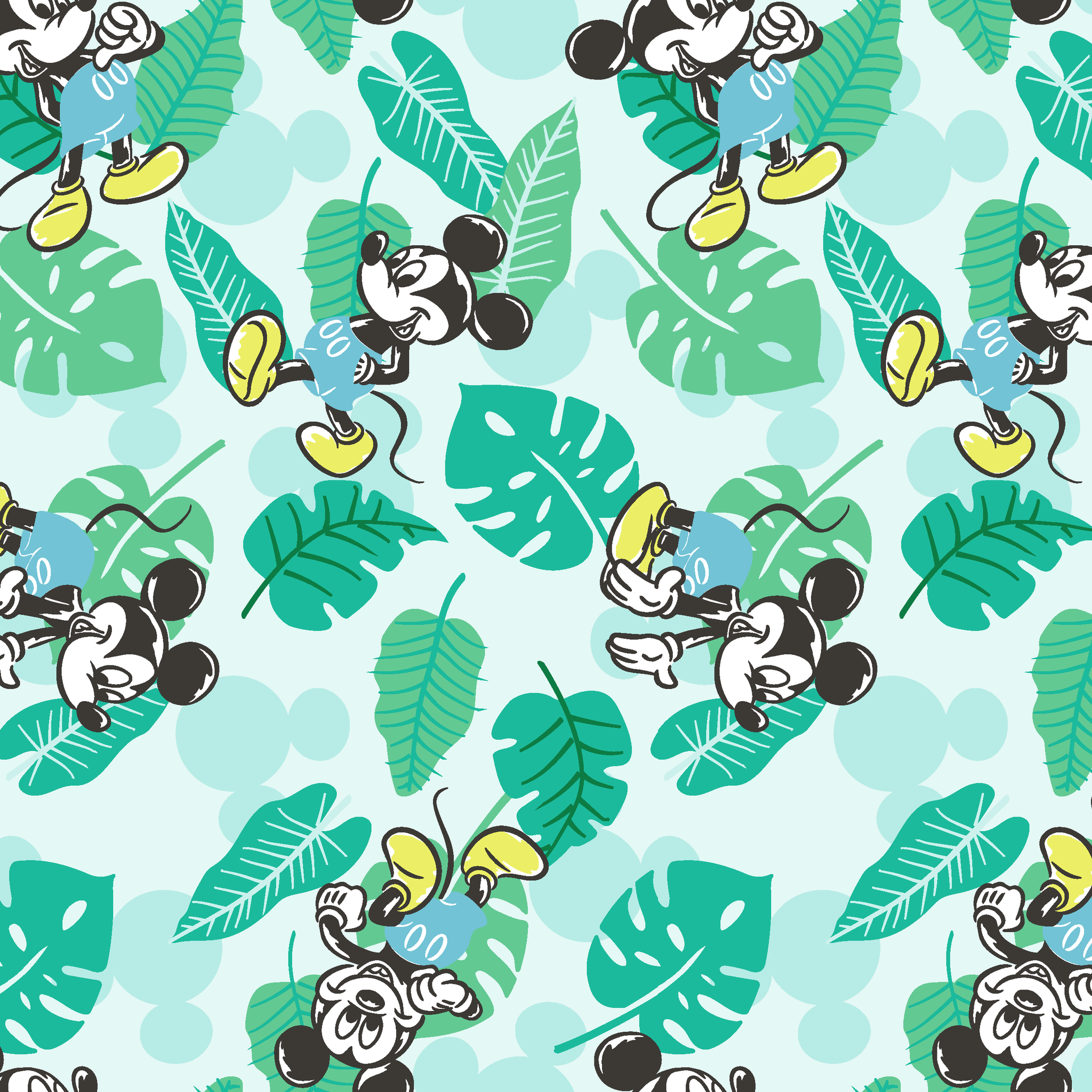 Colorful pattern with cartoon mice characters and tropical green leaves on a light blue background tiled preview square