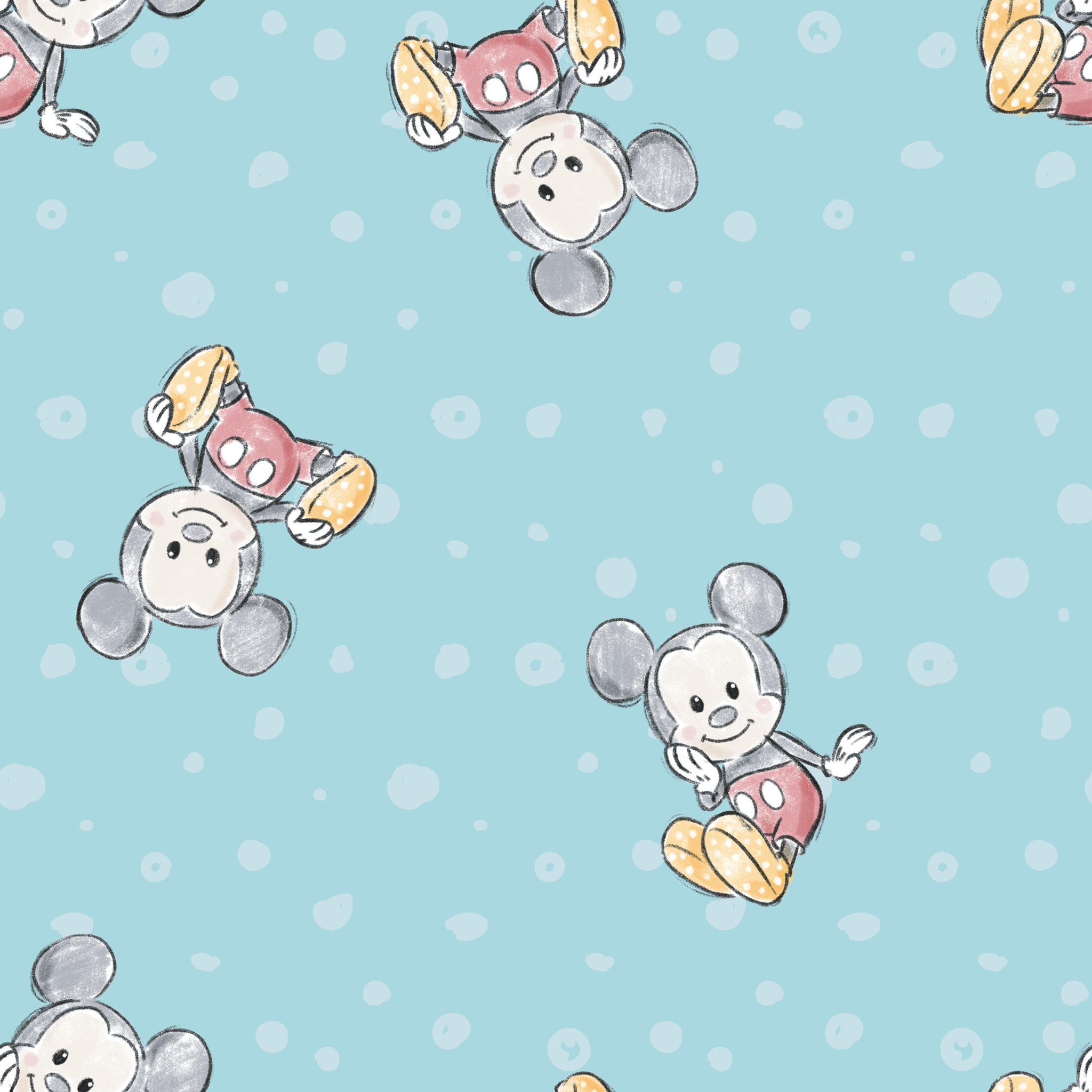 Cute cartoon mouse pattern with gray mice wearing colorful outfits on light blue polka dot background tiled preview square