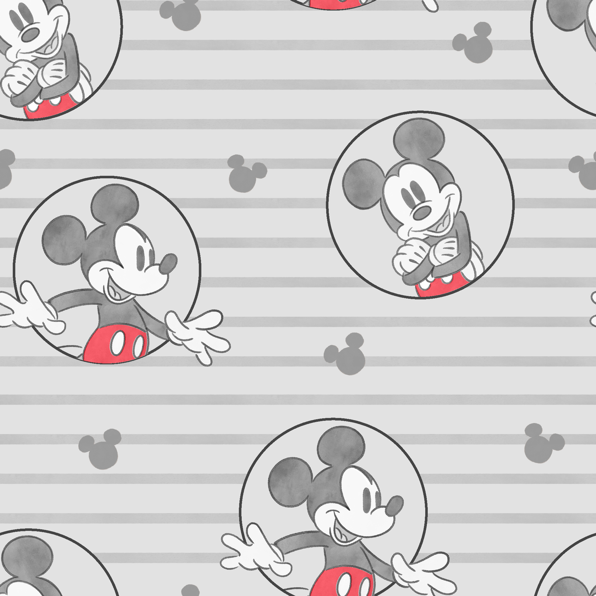 Mickey Mouse pattern on gray striped background with circular character portraits in red, black, and white tiled preview square