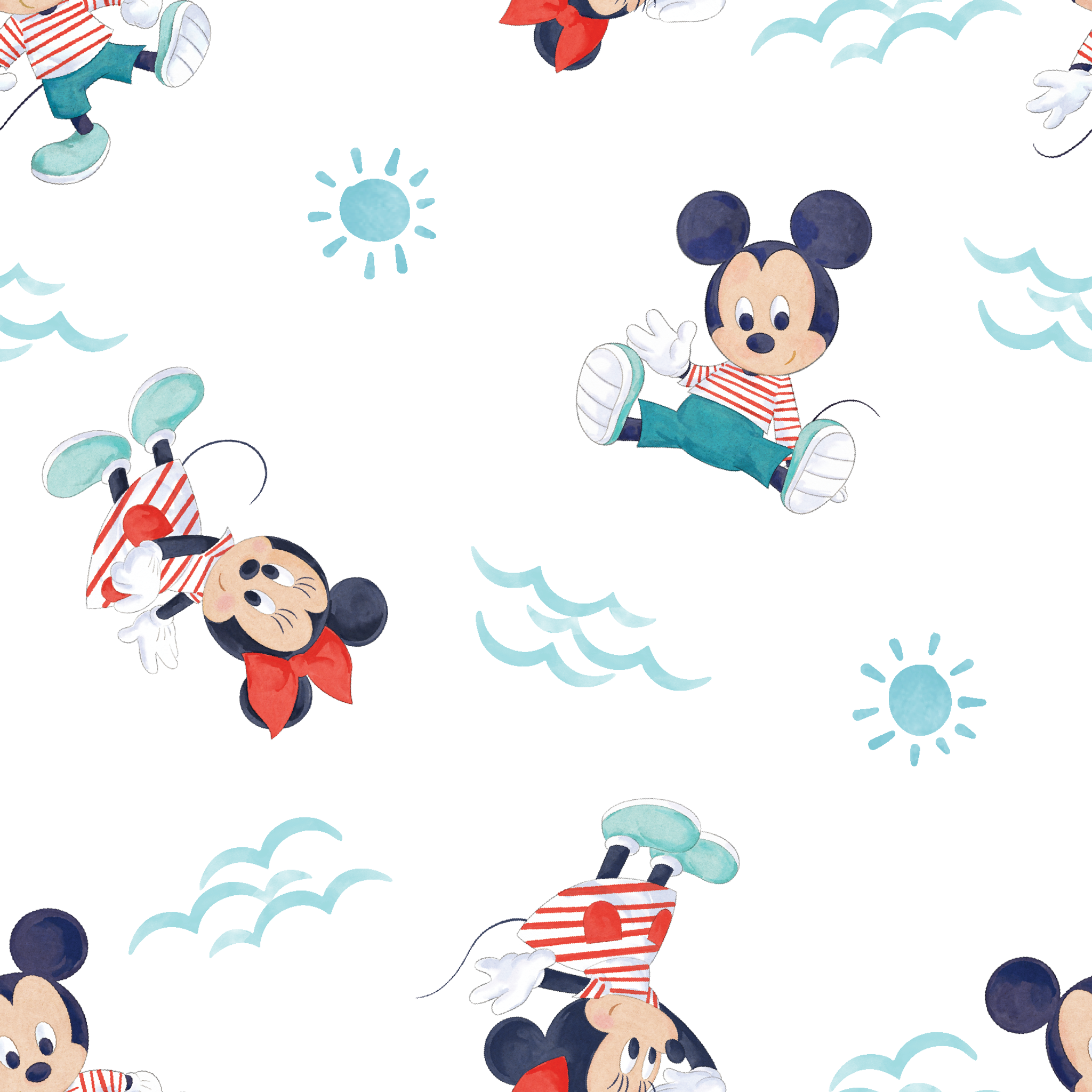 Mickey Mouse pattern with characters in various poses, blue waves and suns on white background, nautical theme tiled preview square