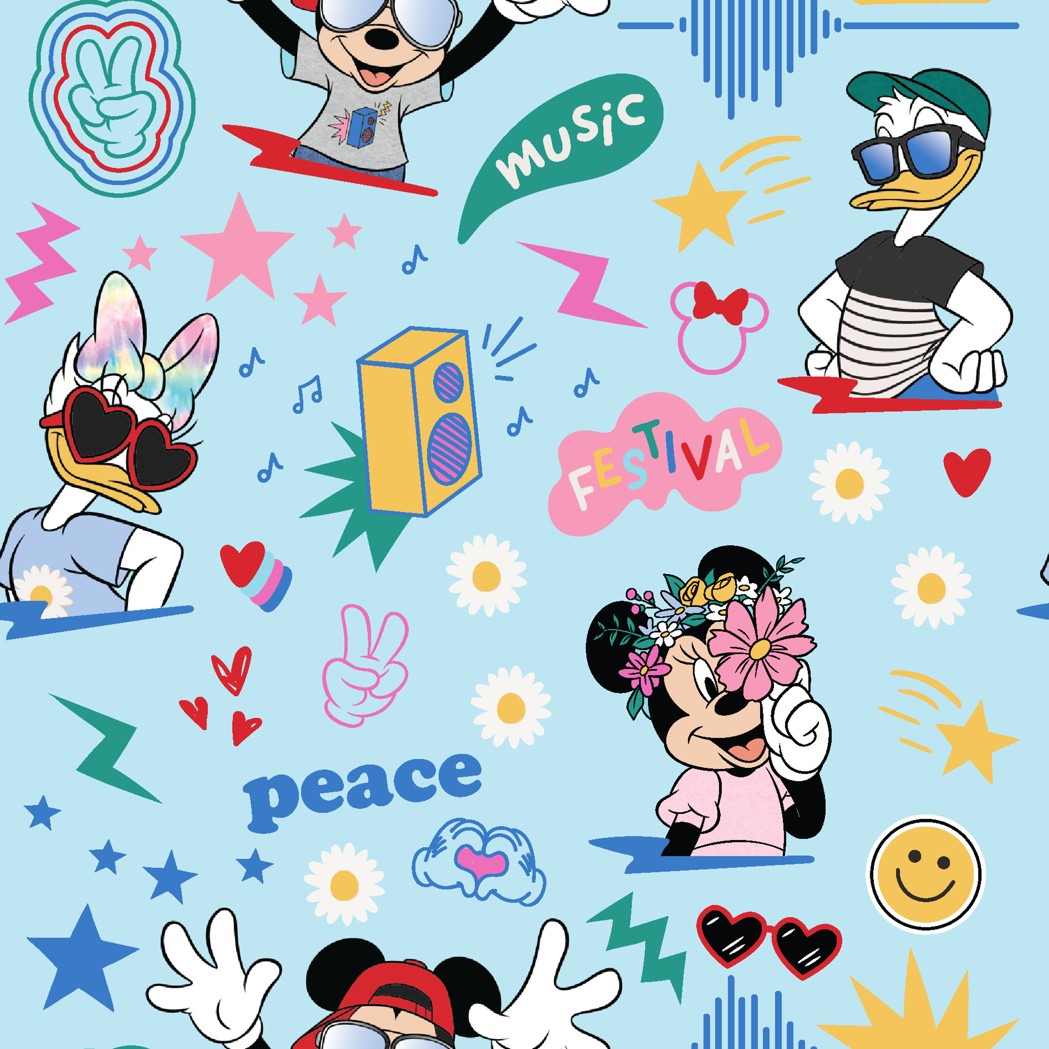 Colorful cartoon pattern with Disney characters, peace signs, stars, and music motifs on light blue background. tiled preview square