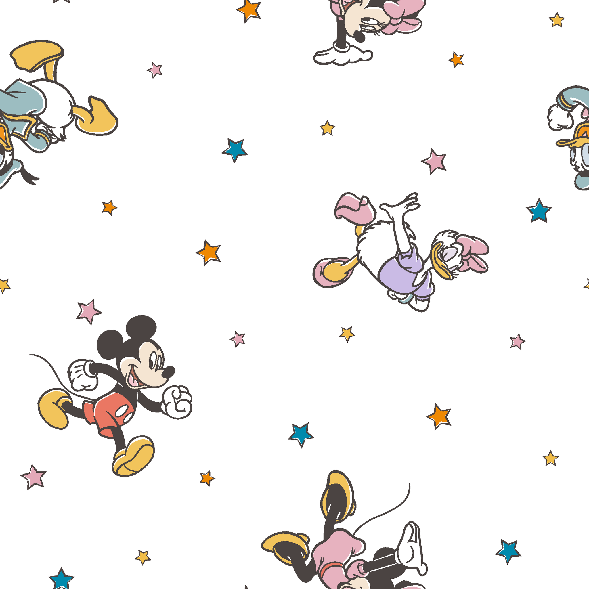 Disney characters pattern with Mickey Mouse and unicorns on white background with colorful stars tiled preview square