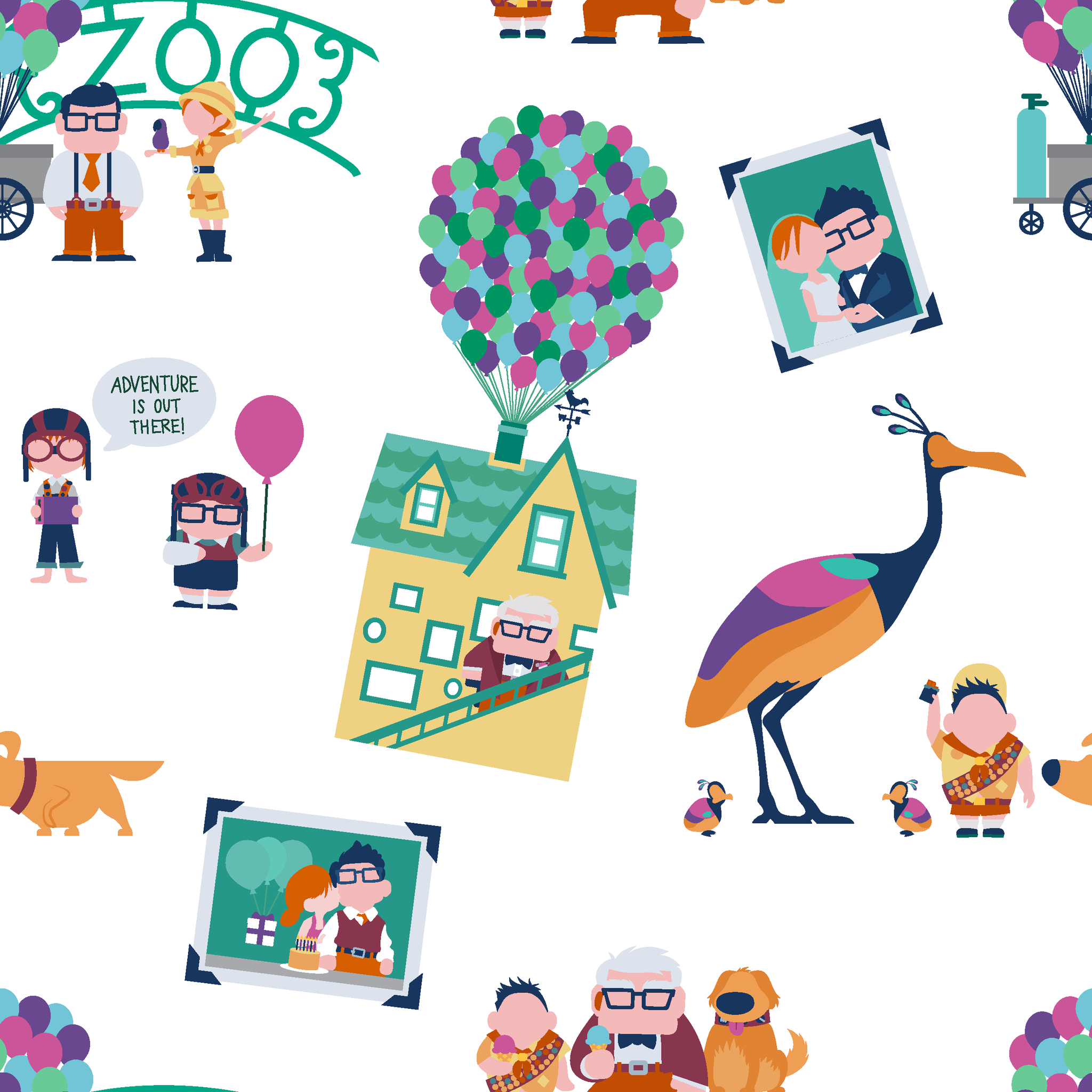 Colorful illustrated Up-inspired zoo pattern with cartoon characters, houses with balloons, peacocks, and family portraits on white background. tiled preview square