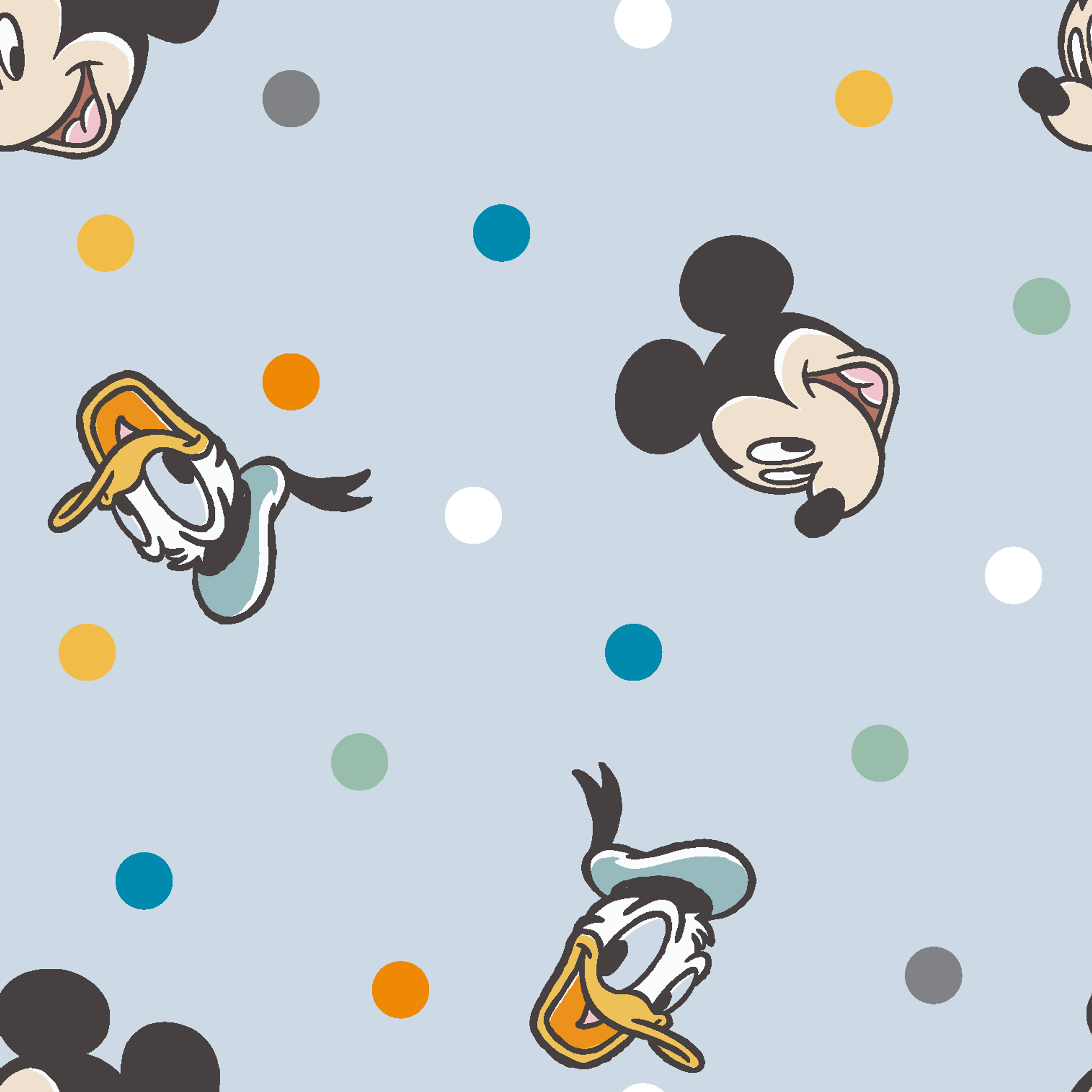 Disney character pattern with Mickey Mouse and Donald Duck heads scattered on light blue background with colorful polka dots tiled preview square