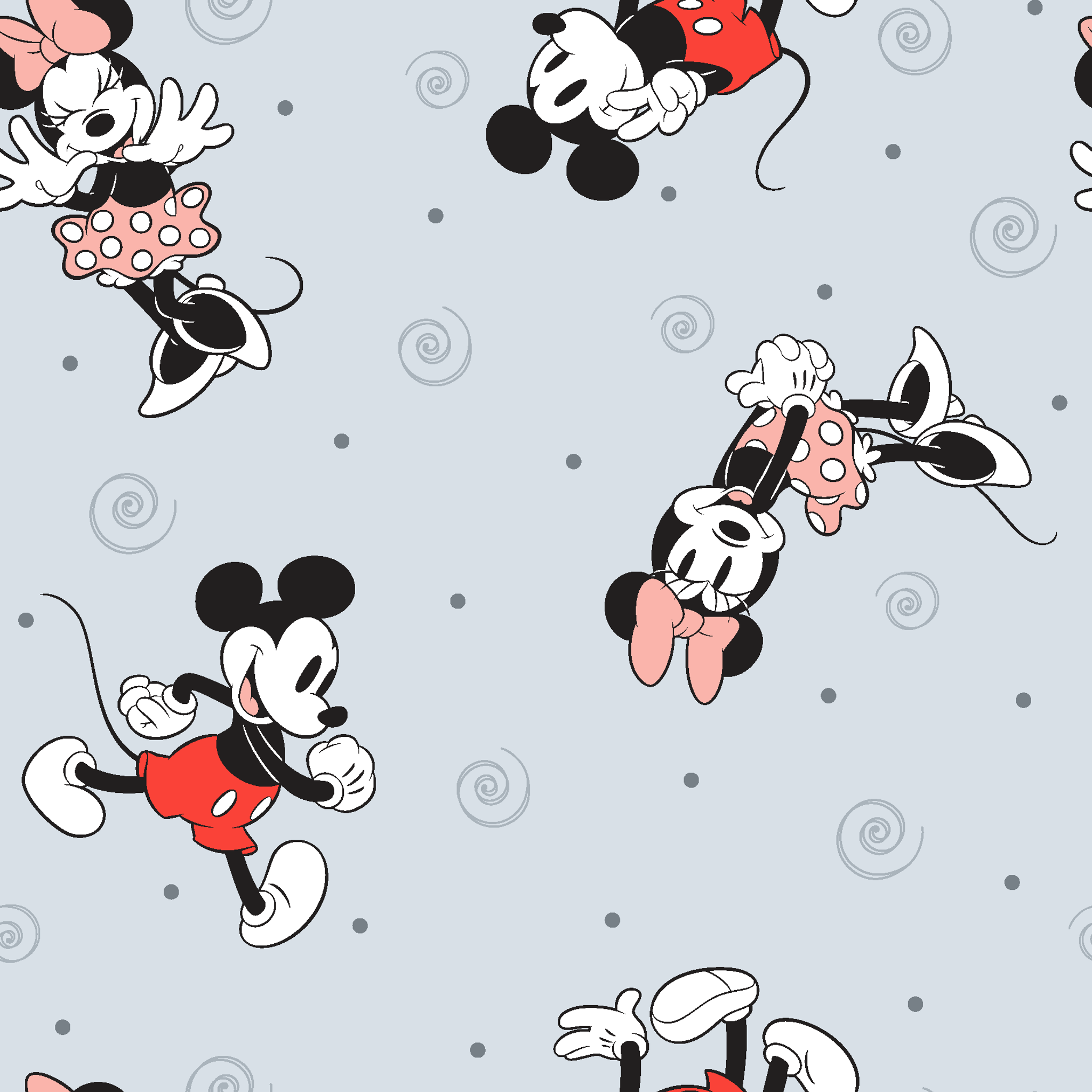 Classic Minnie and Mickey Mouse pattern with characters in various poses on light blue background with swirls tiled preview square