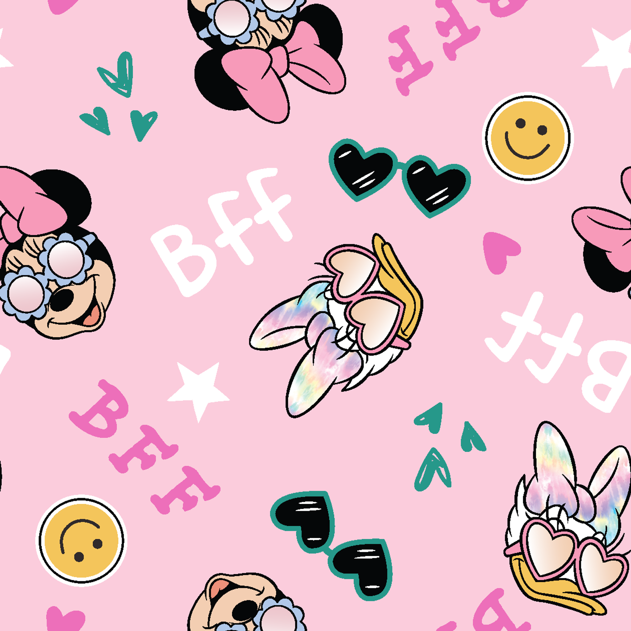 Pink background with Minnie Mouse pattern featuring bows, heart sunglasses, smiley faces, and "BFF" text in playful colors. tiled preview square