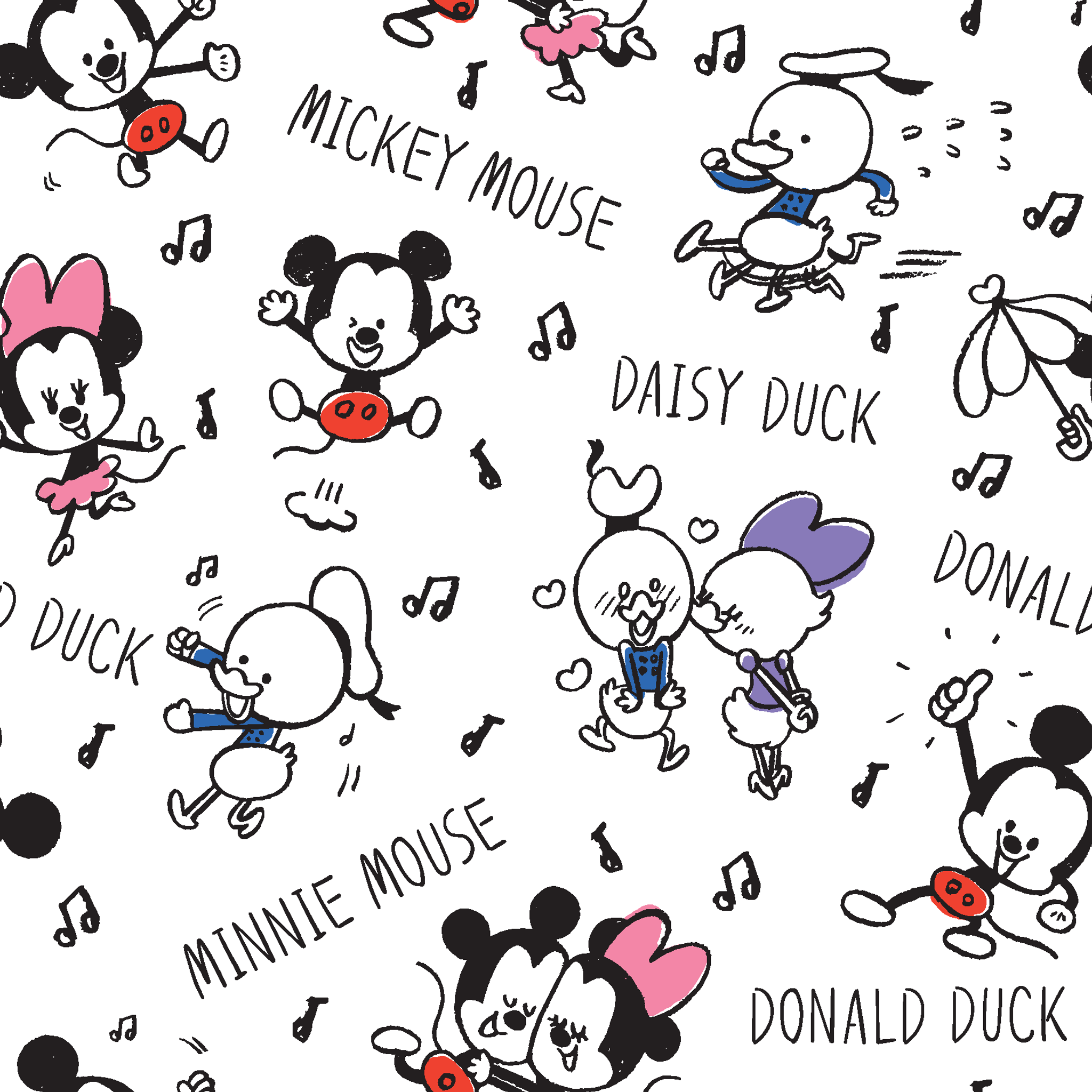 Classic Disney cartoon characters pattern with Mickey, Minnie, Donald, and Daisy with musical notes on white background. tiled preview square