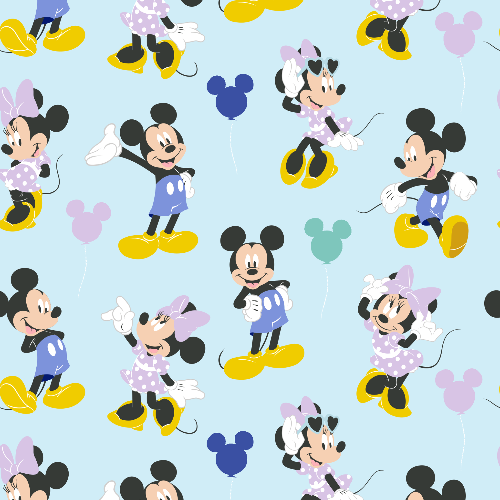 Pattern of Mickey and Minnie Mouse characters in various poses on light blue background tiled preview square